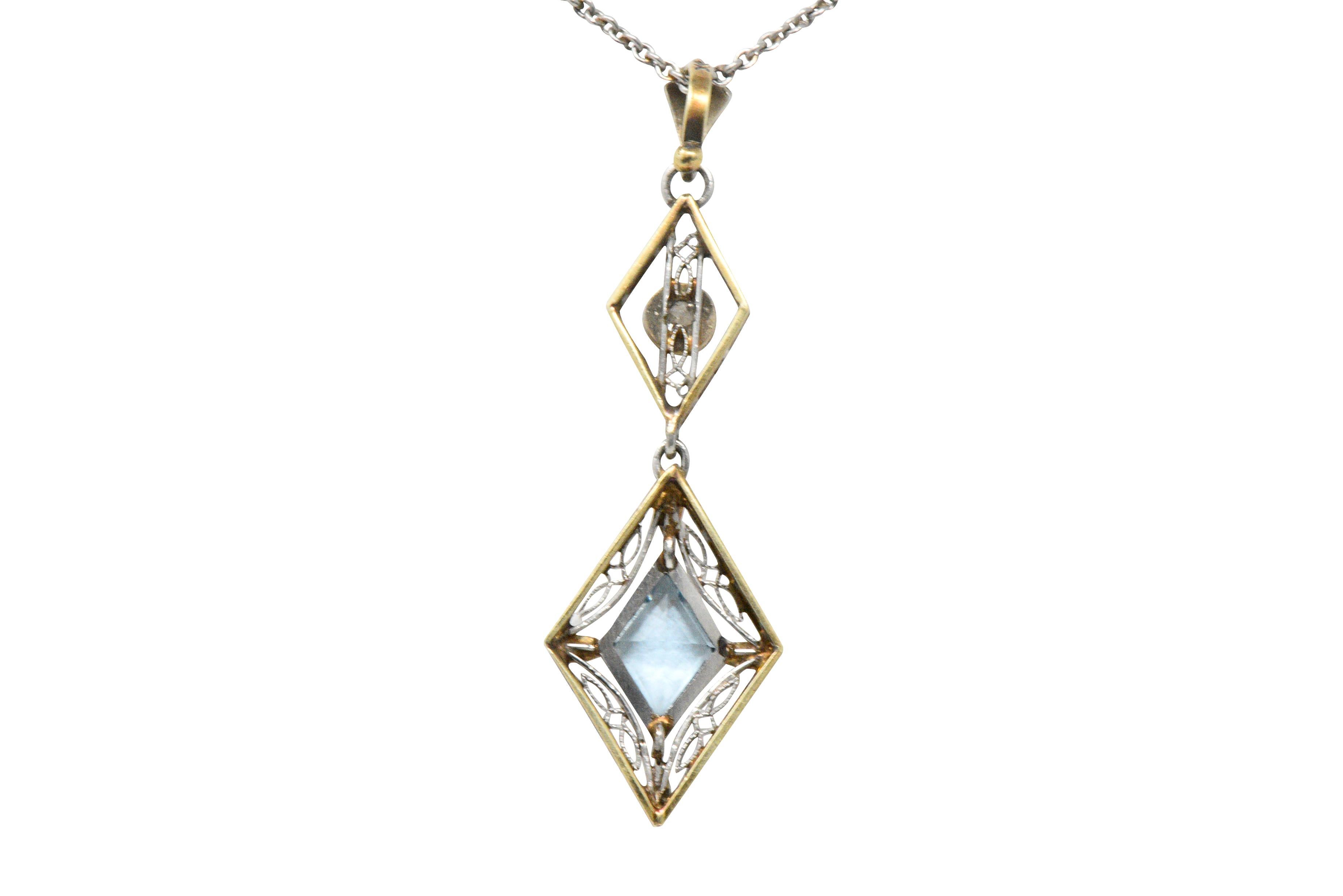 Edwardian Aqua Diamond Platinum-Topped 14 Karat Gold Pendant Necklace 1