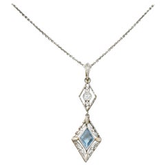 Antique Edwardian Aqua Diamond Platinum-Topped 14 Karat Gold Pendant Necklace
