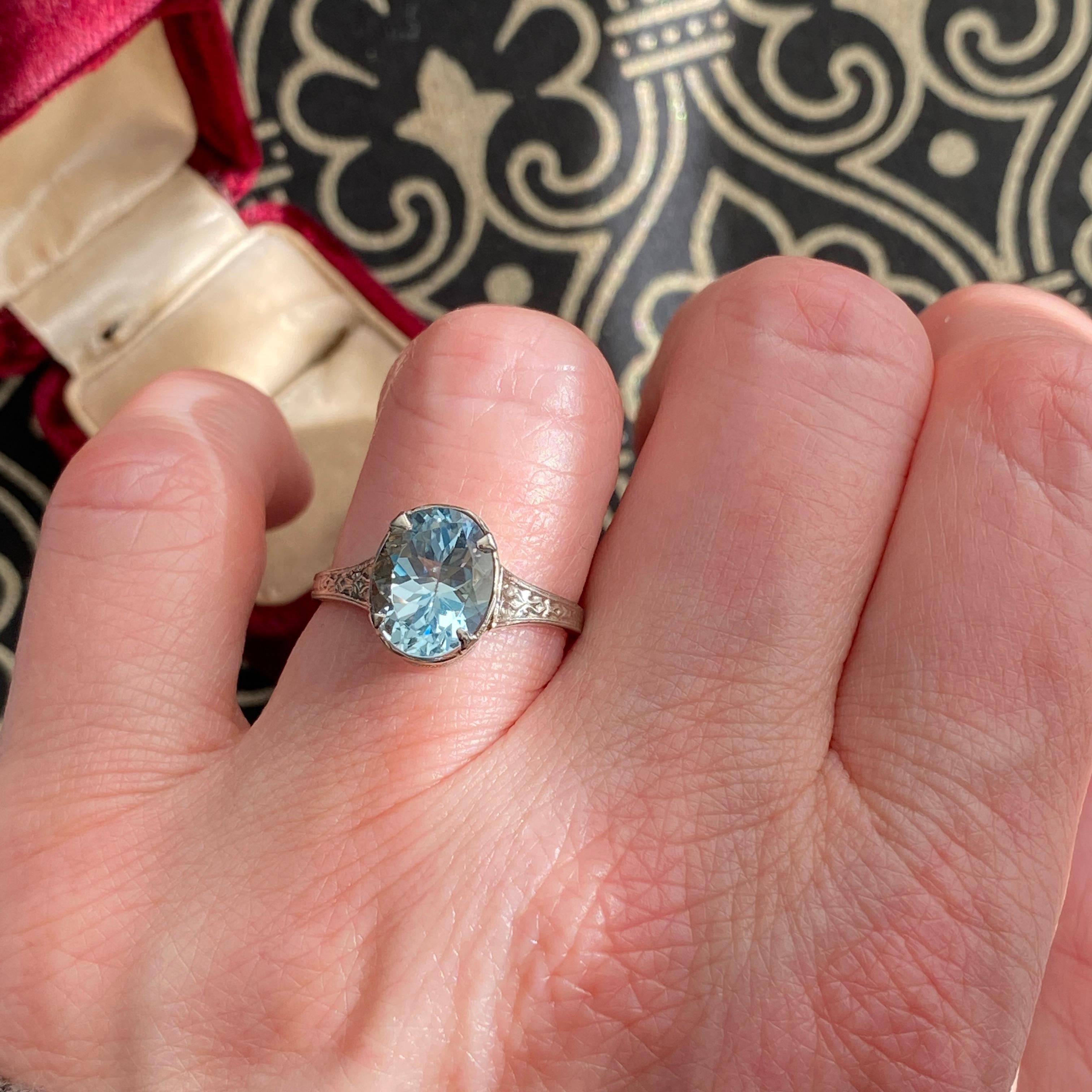 Edwardian Aquamarine 10K Filigree Ring In Good Condition For Sale In Scotts Valley, CA