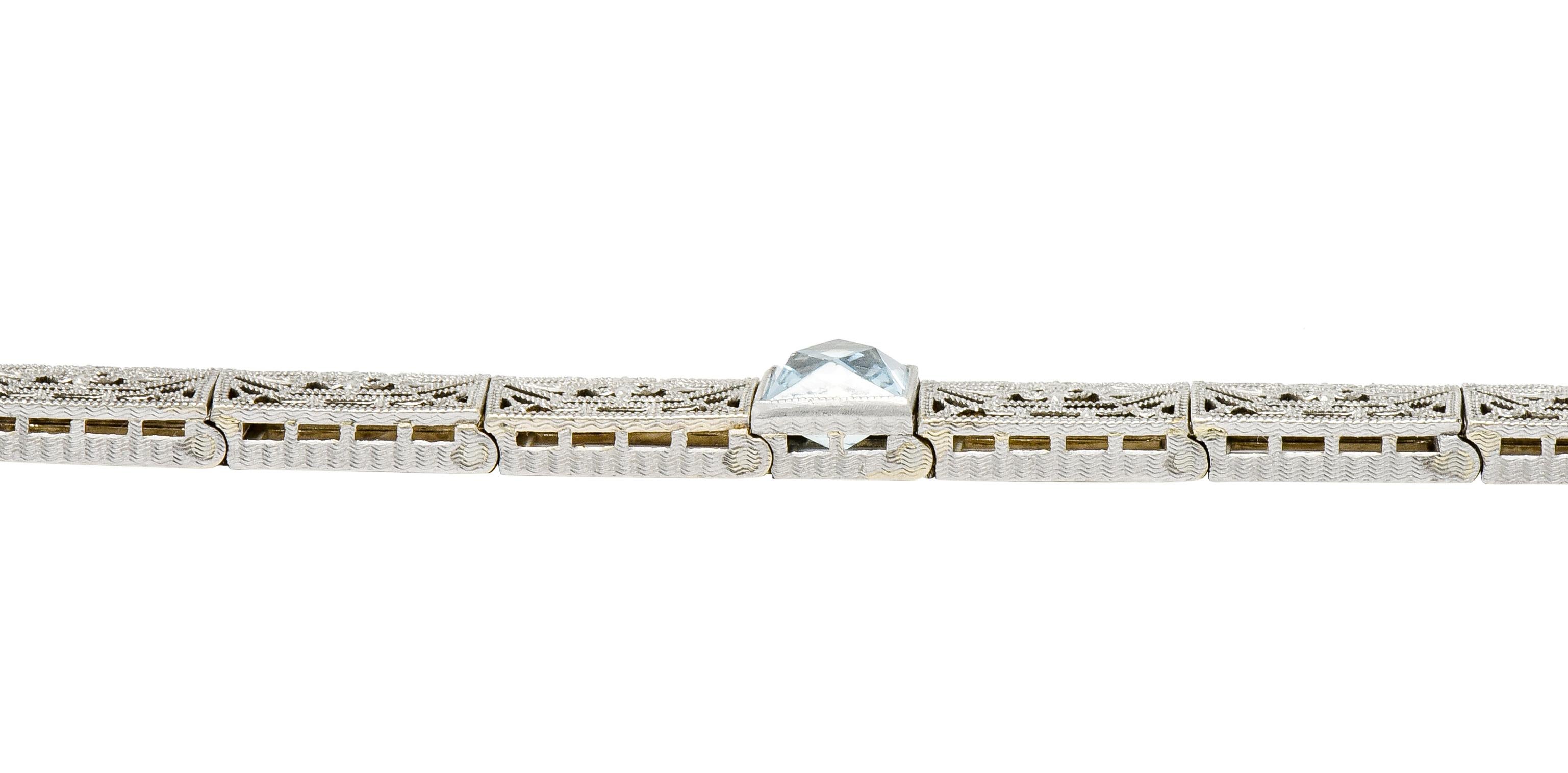Edwardian Aquamarine 14 Karat Platinum Gold Pierced Floral Link Bracelet 5