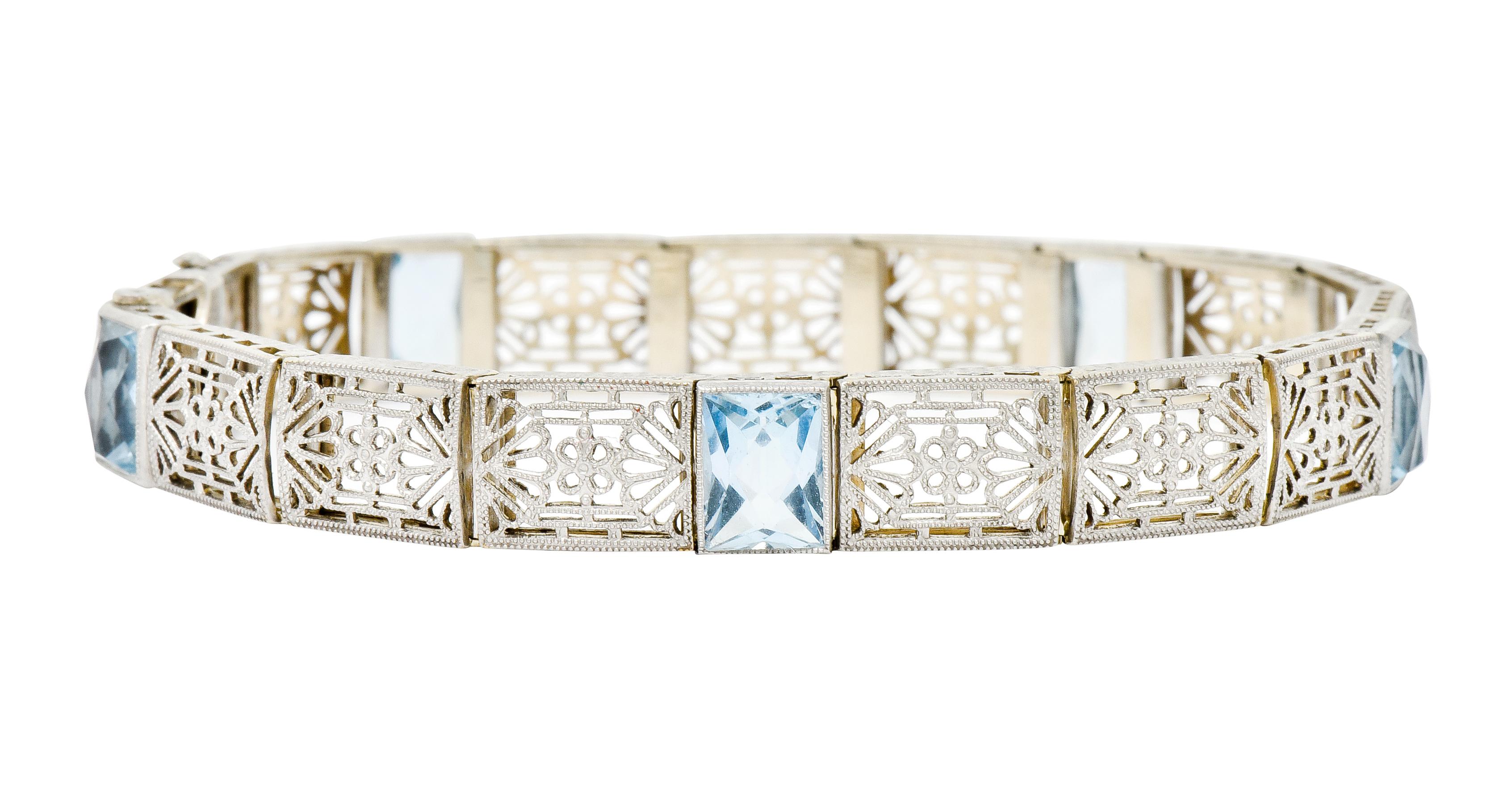 Women's or Men's Edwardian Aquamarine 14 Karat Platinum Gold Pierced Floral Link Bracelet