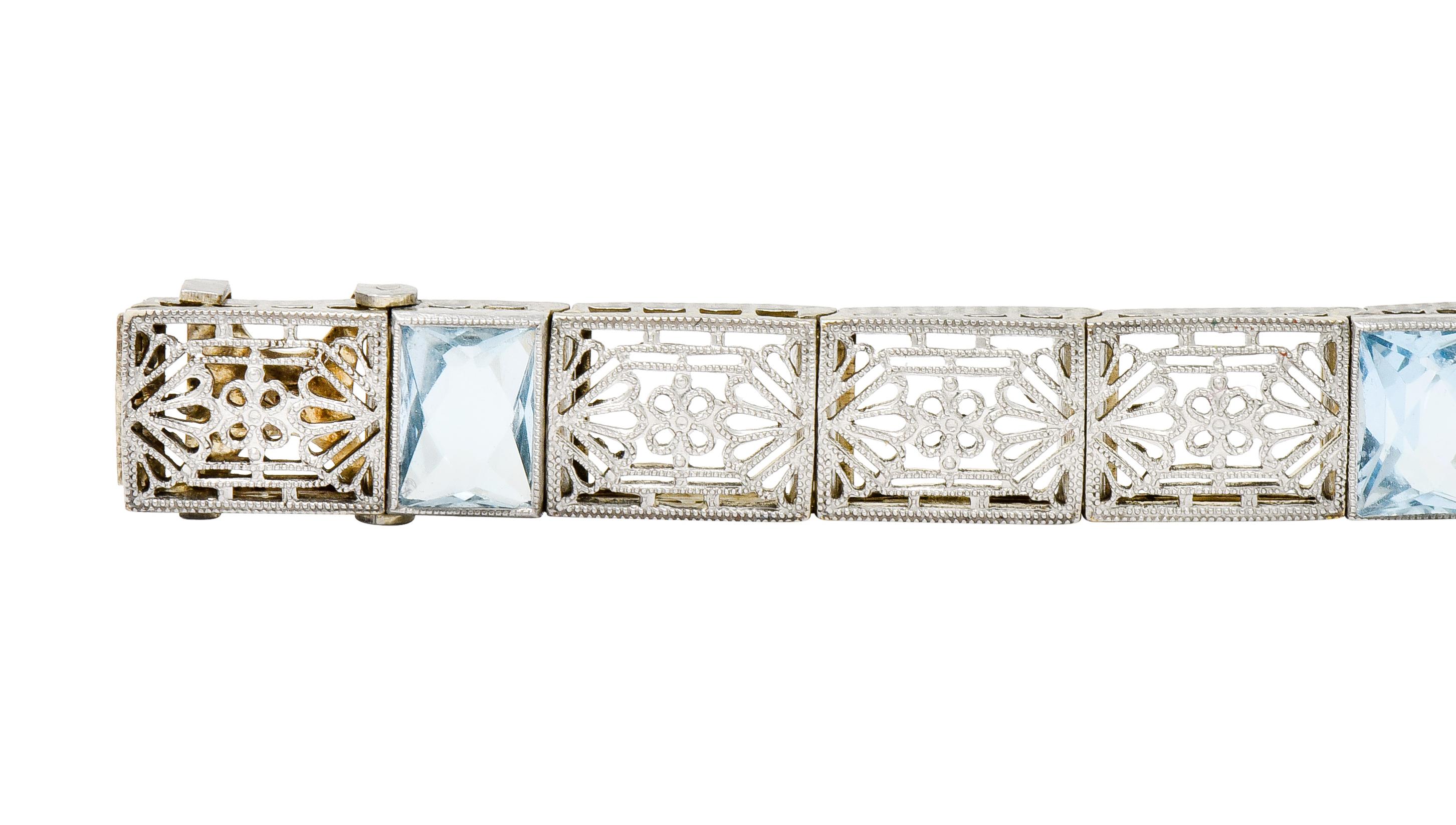 Edwardian Aquamarine 14 Karat Platinum Gold Pierced Floral Link Bracelet 1