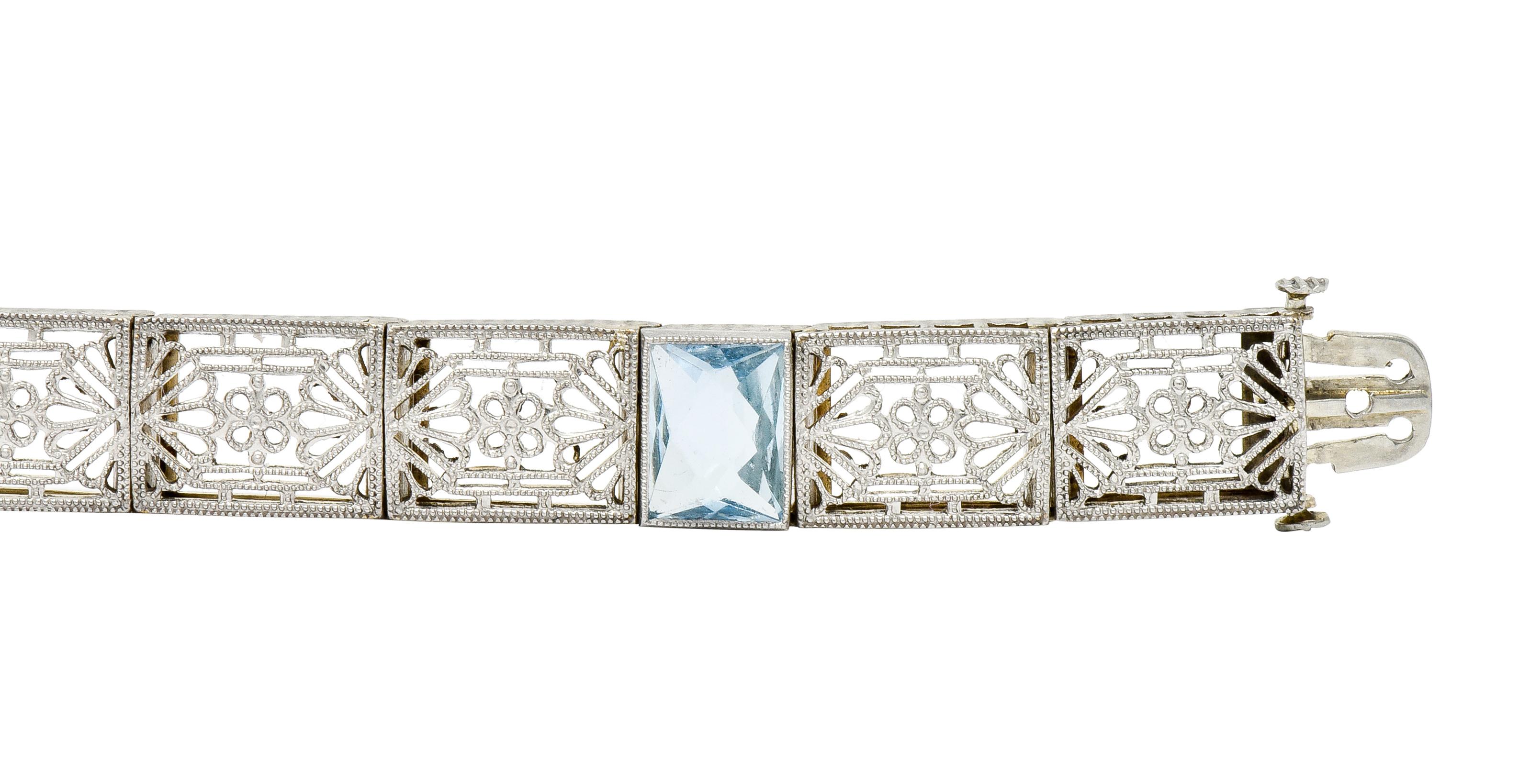 Edwardian Aquamarine 14 Karat Platinum Gold Pierced Floral Link Bracelet 3