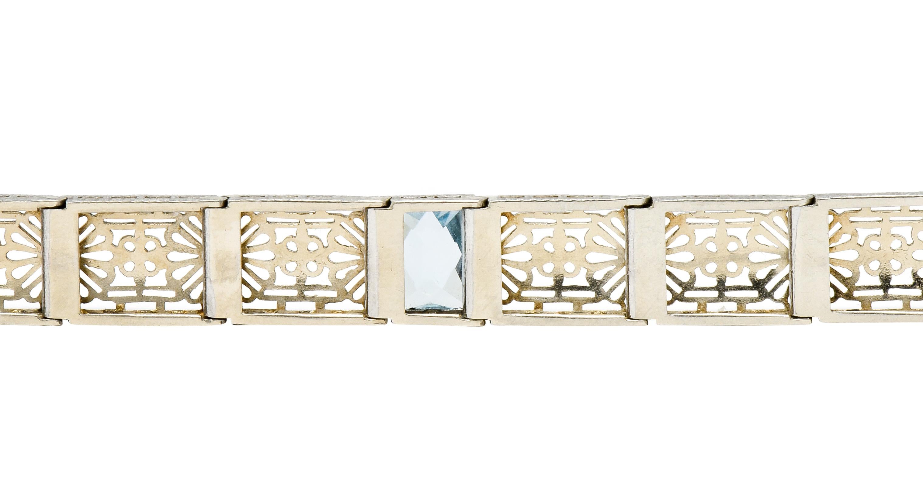 Edwardian Aquamarine 14 Karat Platinum Gold Pierced Floral Link Bracelet 4