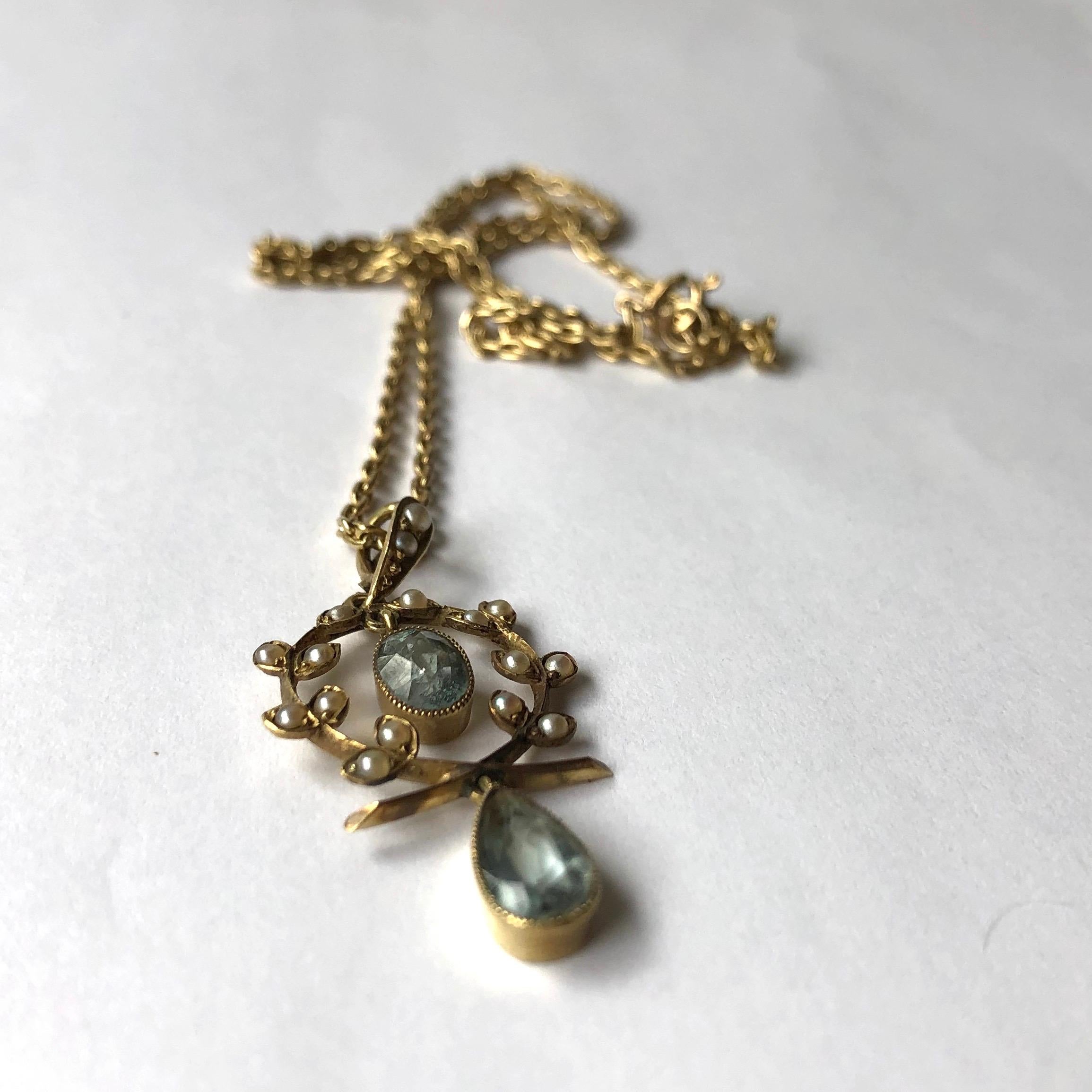Pear Cut Edwardian Aquamarine and Pearl 9 Carat Gold Necklace
