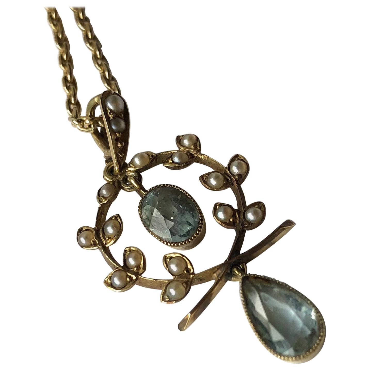 Edwardian Aquamarine and Pearl 9 Carat Gold Necklace