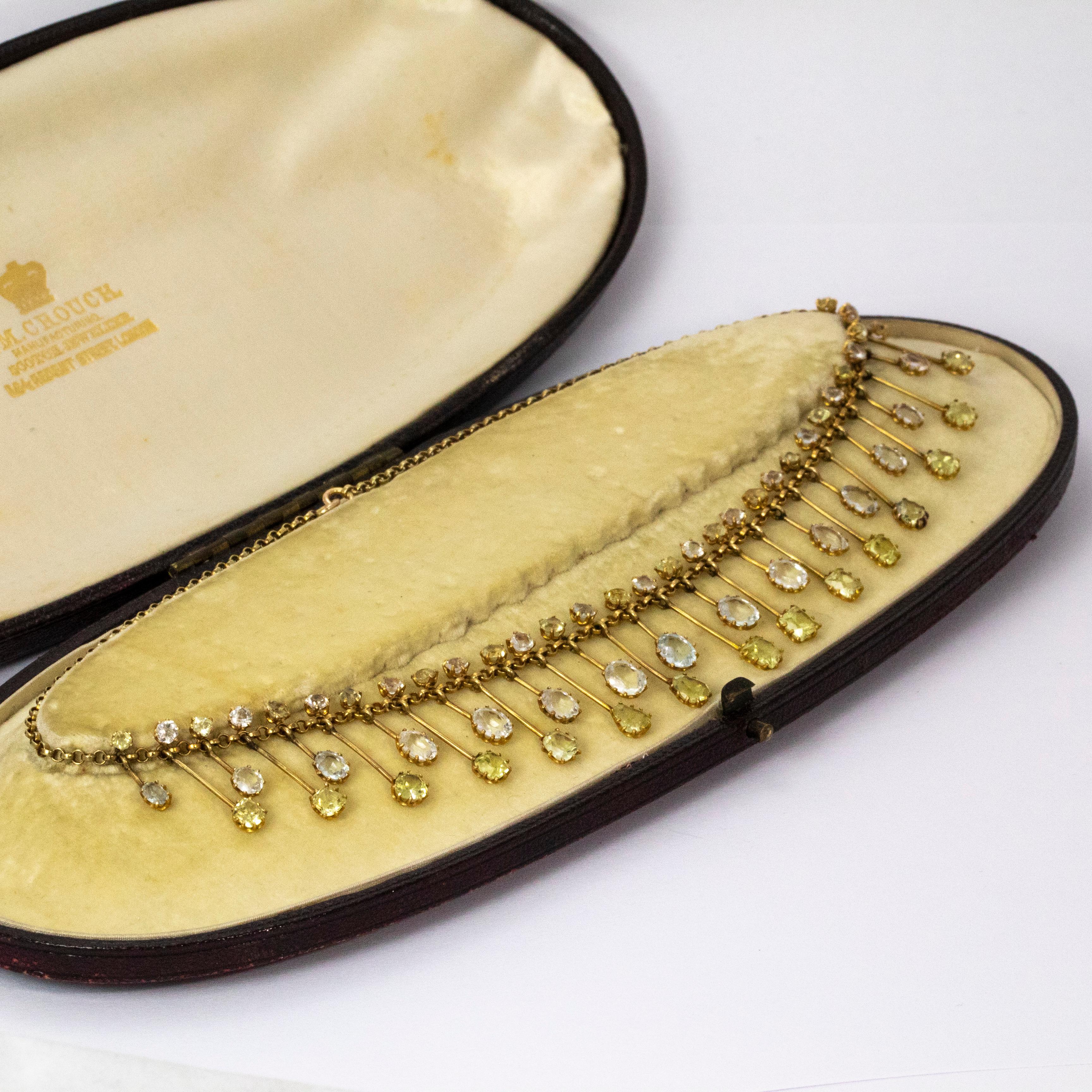 Women's or Men's Edwardian Aquamarine and Peridot 15 Karat Gold Fringe Necklace in Original Box