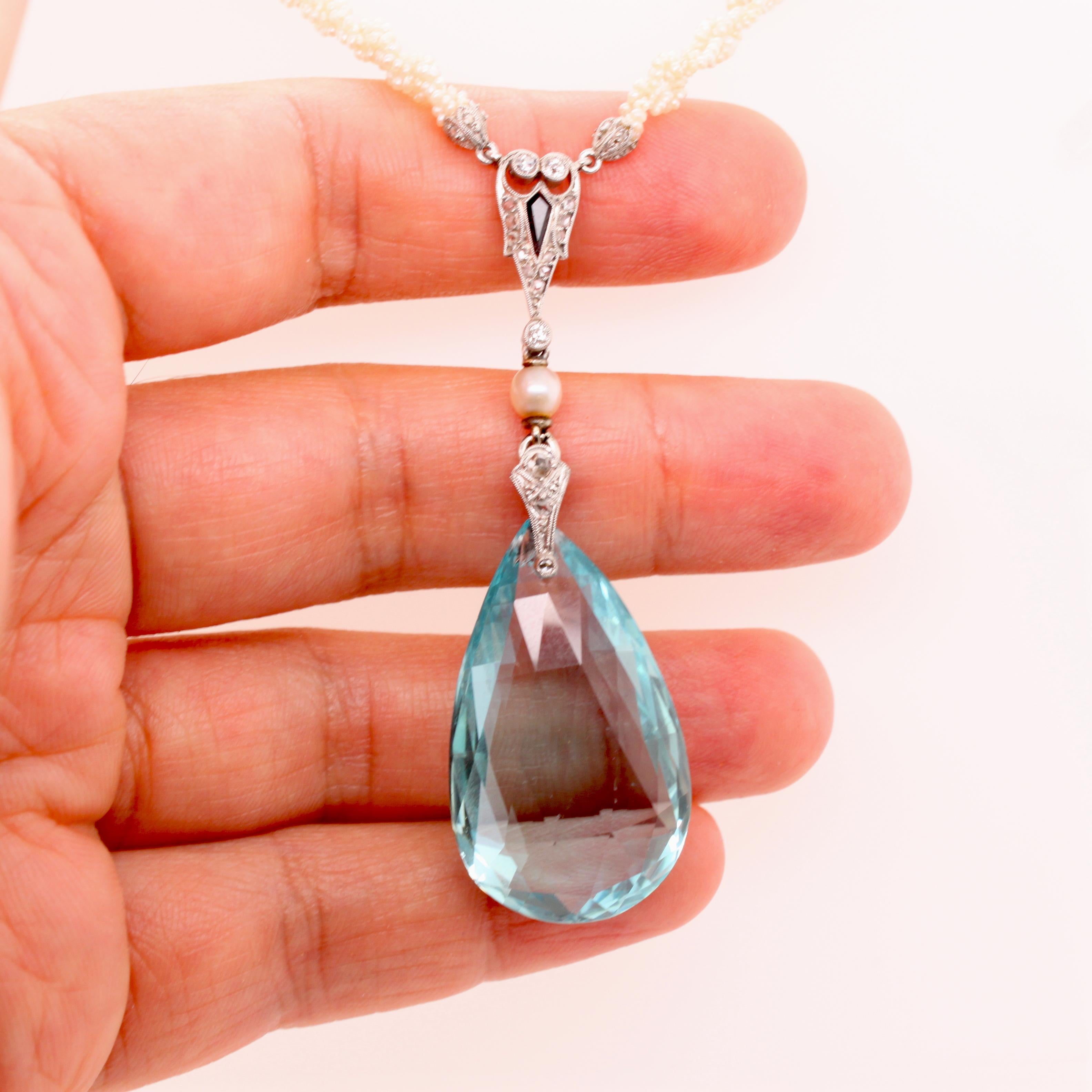 Edwardian Aquamarine Briolette and Pearl Sautoir Necklace, circa 1910 In Excellent Condition In Idar-Oberstein, DE