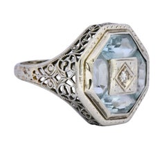 Edwardian Aquamarine Diamond 14 Karat White Gold Dinner Ring
