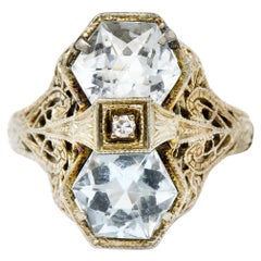 Edwardian Aquamarine Diamond 14 Karat White Gold Dinner Ring