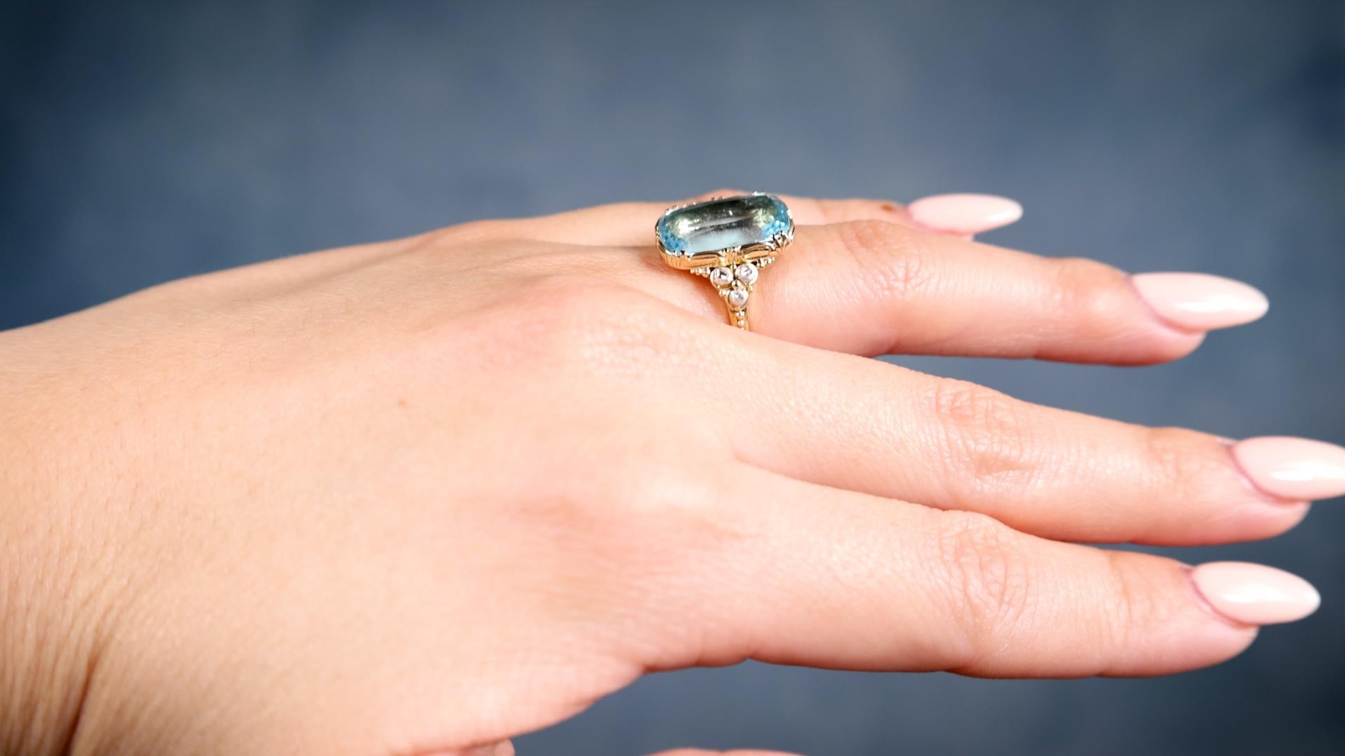Edwardian Aquamarine Diamond 14k Yellow Gold Silver Ring In Good Condition In Beverly Hills, CA