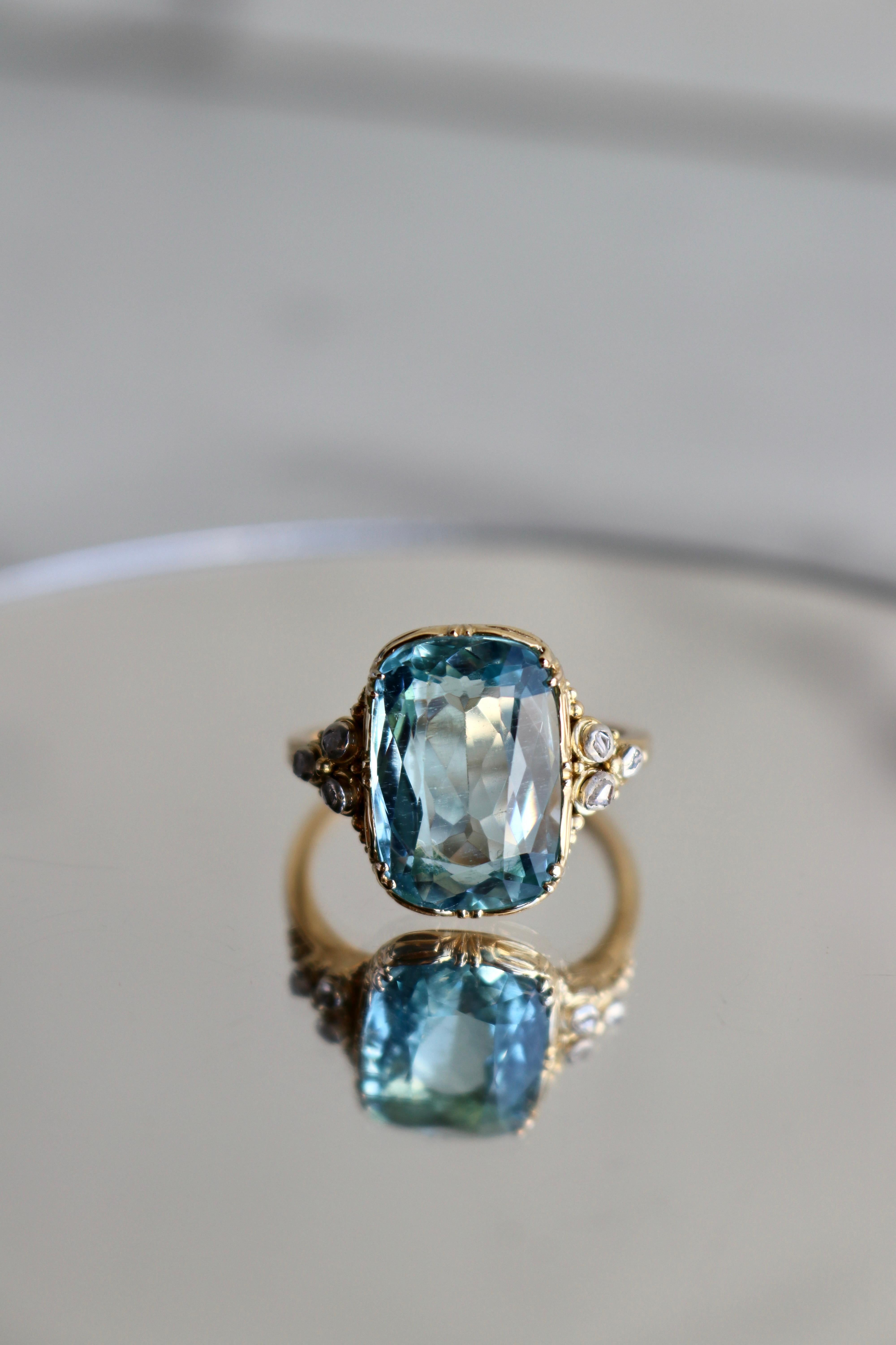 Edwardian Aquamarine Diamond 14k Yellow Gold Silver Ring 1