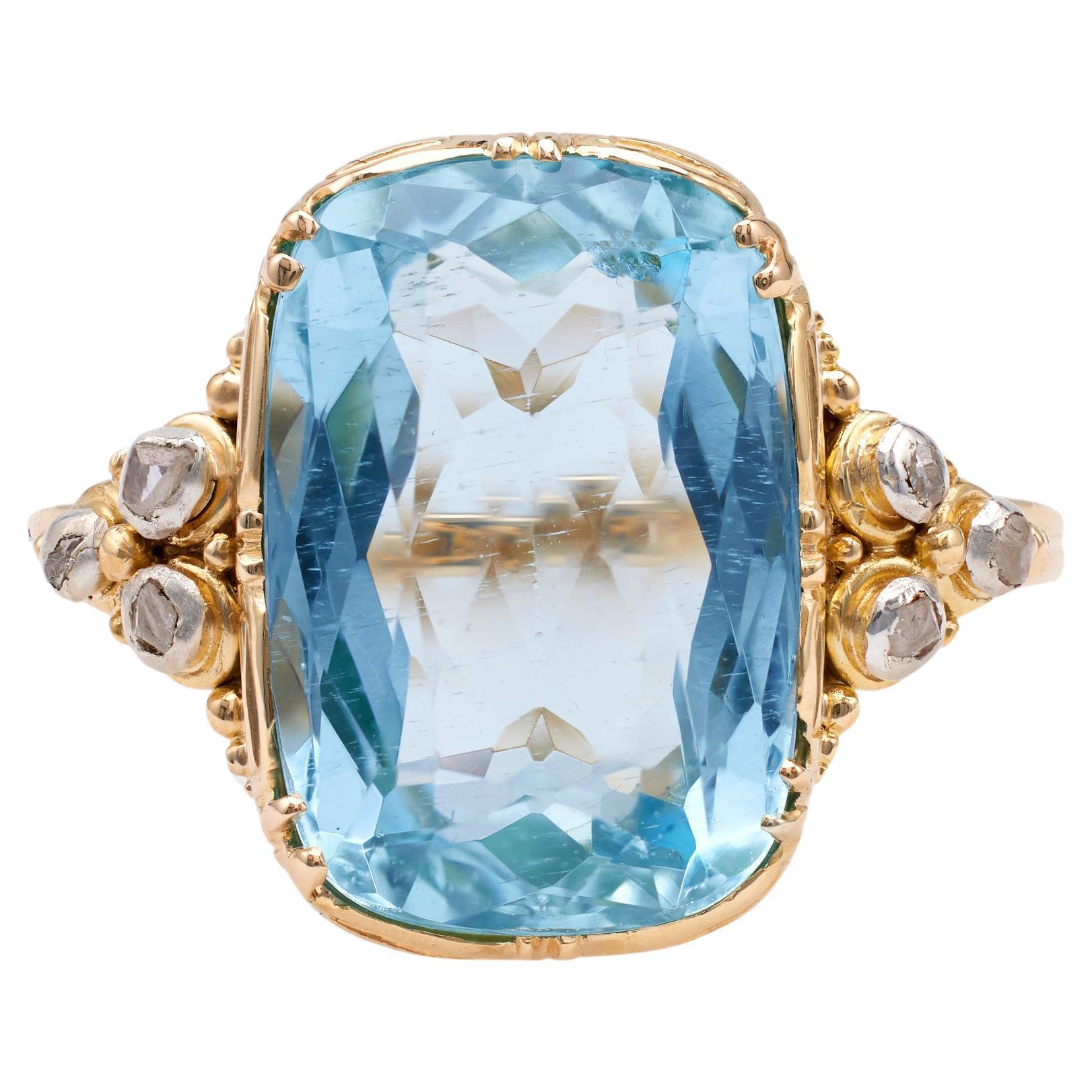 Edwardian Aquamarine Diamond 14k Yellow Gold Silver Ring