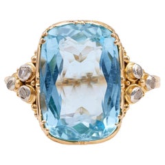 Antique Edwardian Aquamarine Diamond 14k Yellow Gold Silver Ring