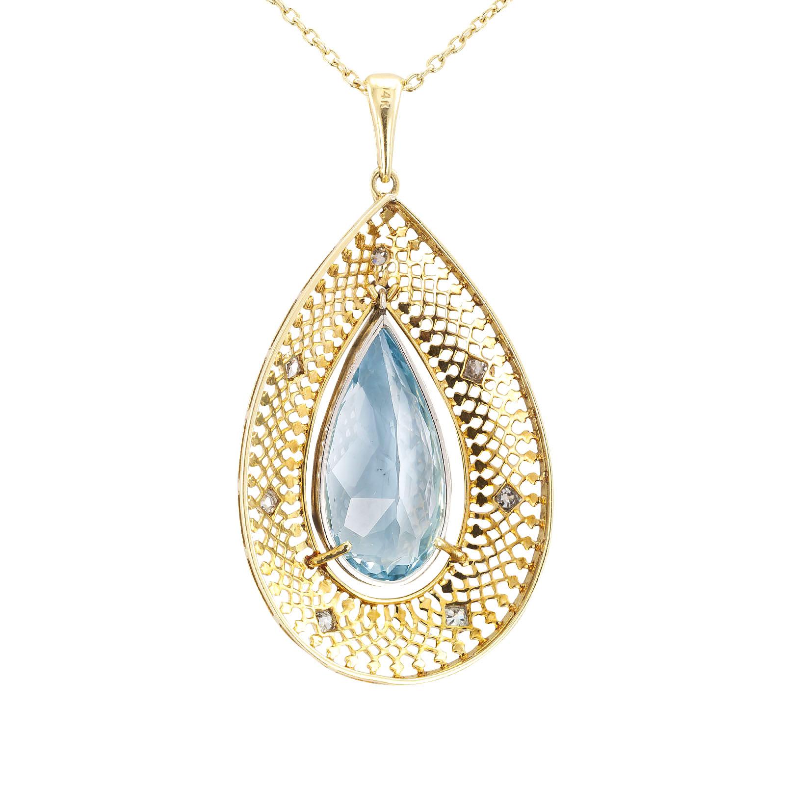 Edwardian Aquamarine Diamond Gold Platinum Pendant In Good Condition In Los Angeles, CA