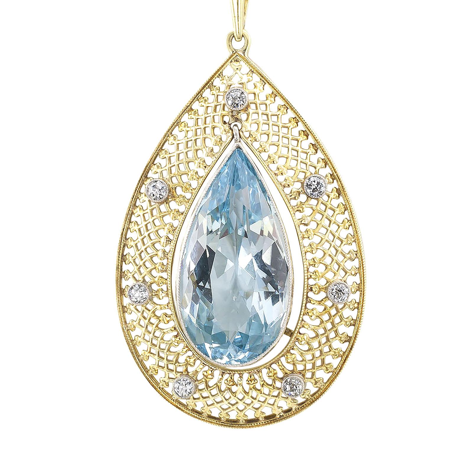 Women's Edwardian Aquamarine Diamond Gold Platinum Pendant