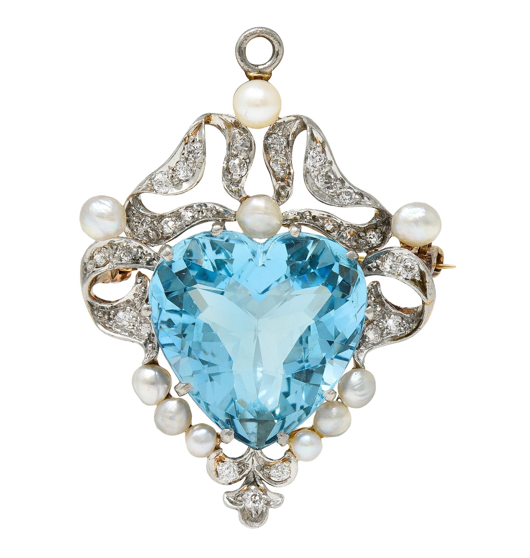 Broche Colgante Edwardian Aguamarina Diamante Perla Platino Oro 18K Antiguo Eduardiano en venta