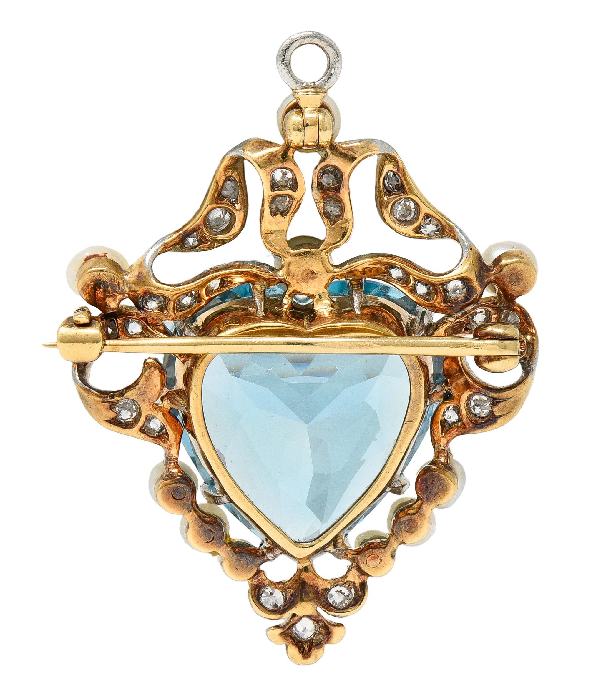Broche Colgante Edwardian Aguamarina Diamante Perla Platino Oro 18K Antiguo en Excelente estado para la venta en Philadelphia, PA