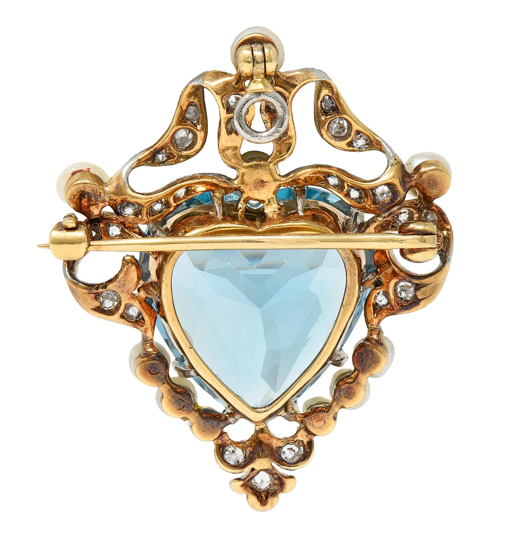 De las mujeres Broche Colgante Edwardian Aguamarina Diamante Perla Platino Oro 18K Antiguo en venta