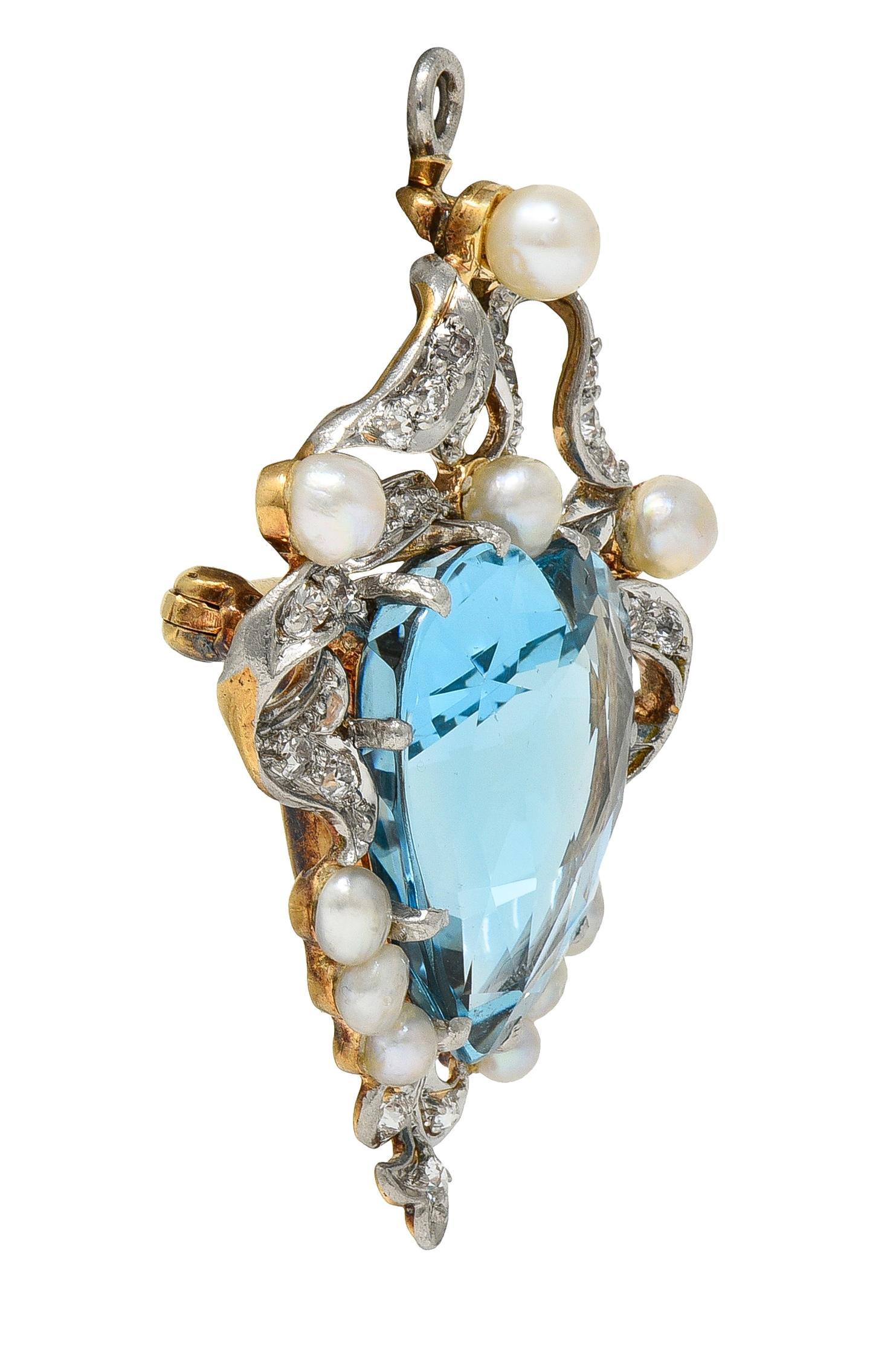 Broche Colgante Edwardian Aguamarina Diamante Perla Platino Oro 18K Antiguo en venta 1