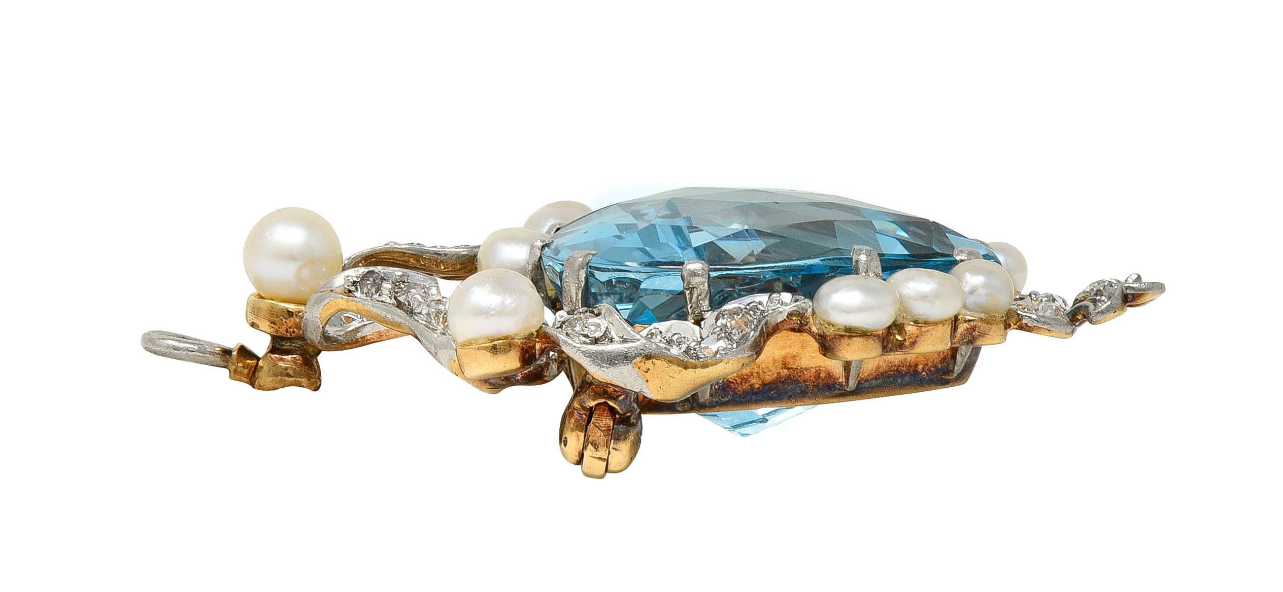 Broche Colgante Edwardian Aguamarina Diamante Perla Platino Oro 18K Antiguo en venta 2