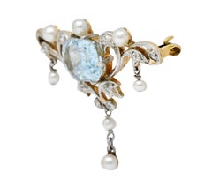 Edwardian Aquamarine Diamond Pearl Platinum-Topped 14 Karat Gold Brooch
