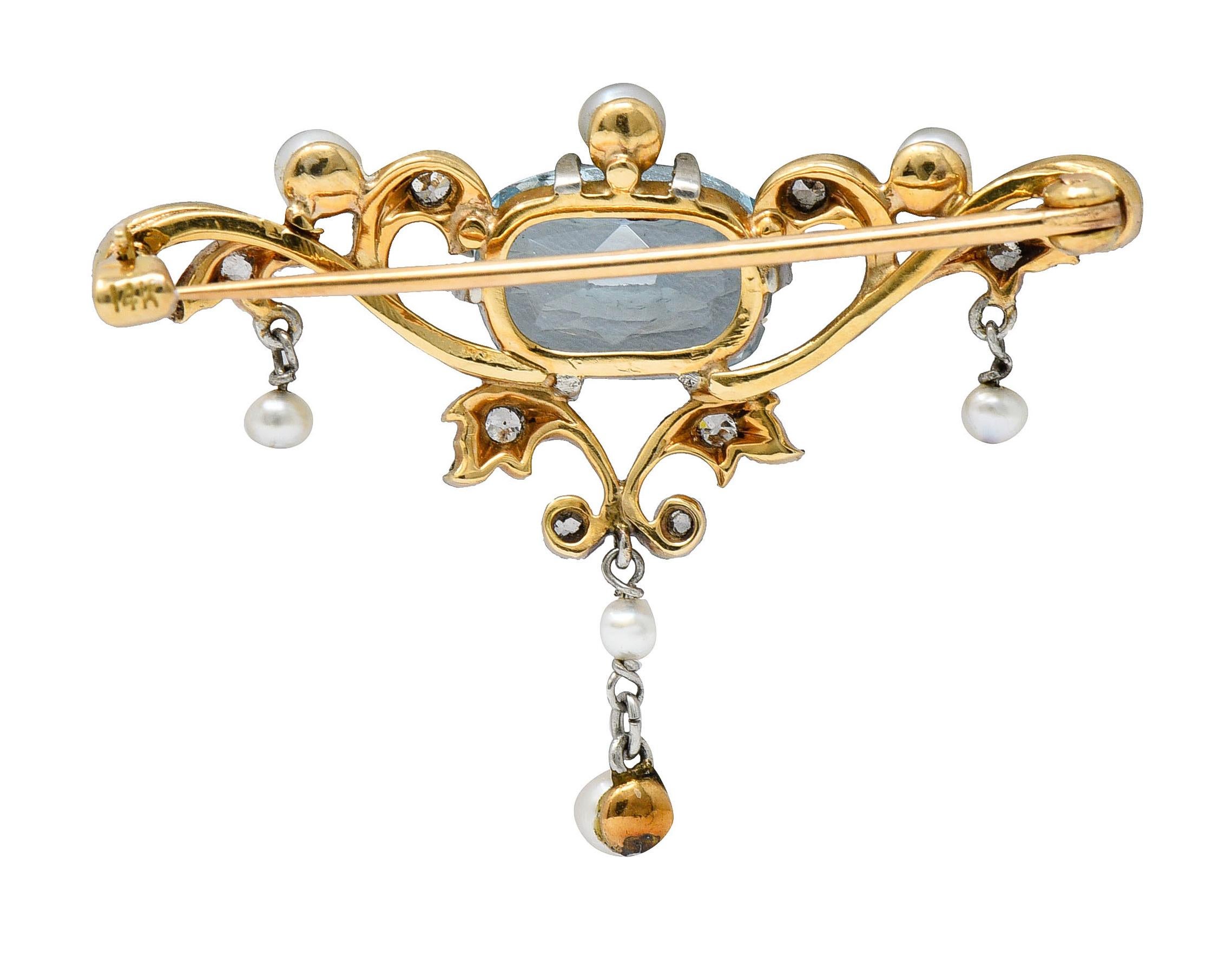 Cushion Cut Edwardian Aquamarine Diamond Pearl Platinum-Topped 14 Karat Gold Brooch