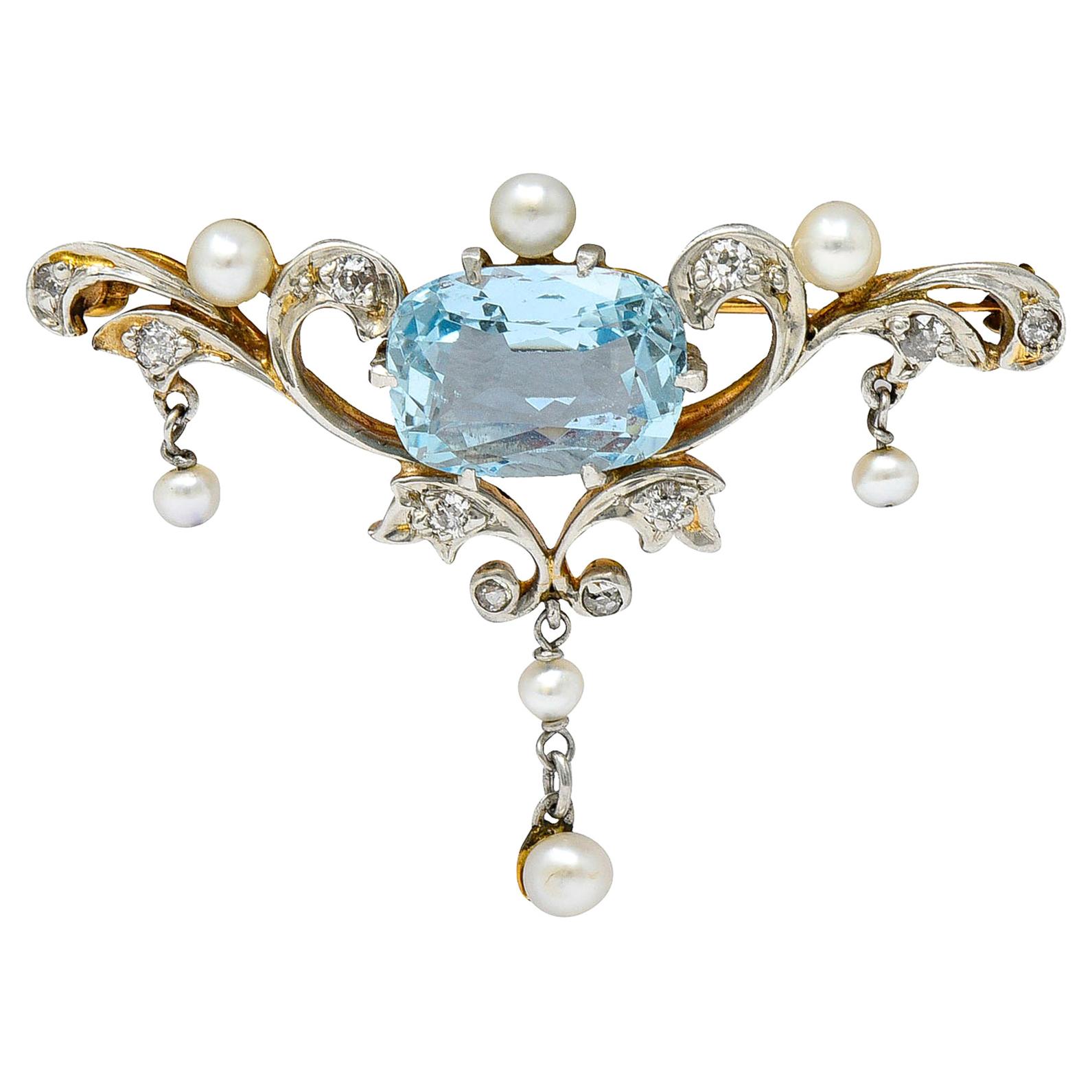 Edwardian Aquamarine Diamond Pearl Platinum-Topped 14 Karat Gold Brooch
