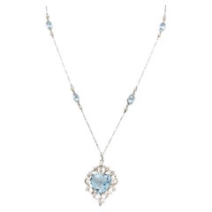 Antique Edwardian Aquamarine Diamond Pearl Platinum-Topped 14 Karat Yellow Gold Necklace