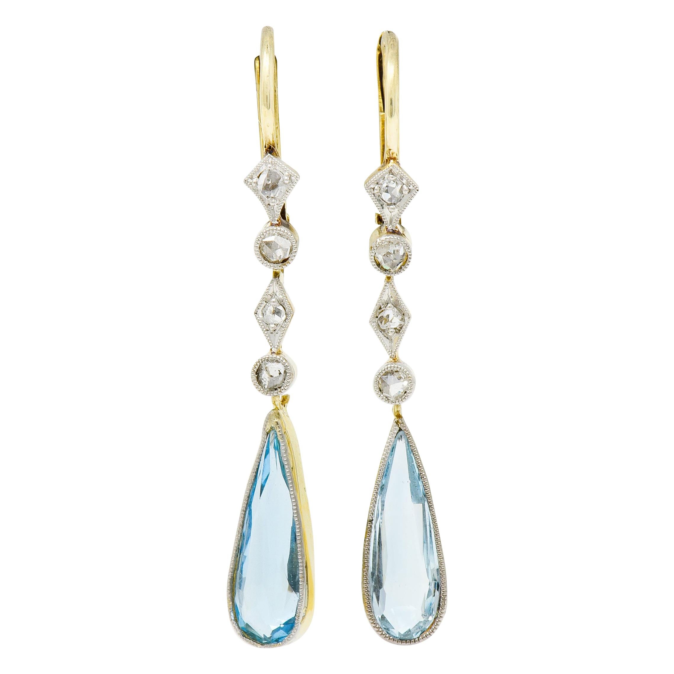 Edwardian Aquamarine Diamond Platinum-Topped Gold Drop Earrings