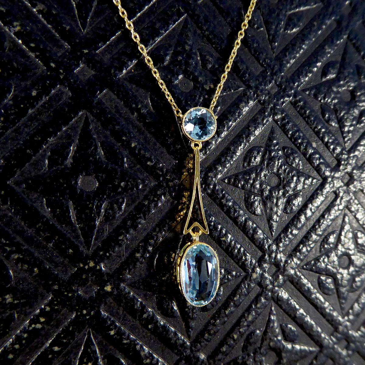 Women's or Men's Edwardian Aquamarine Drop Pendant on 15ct Gold Chain