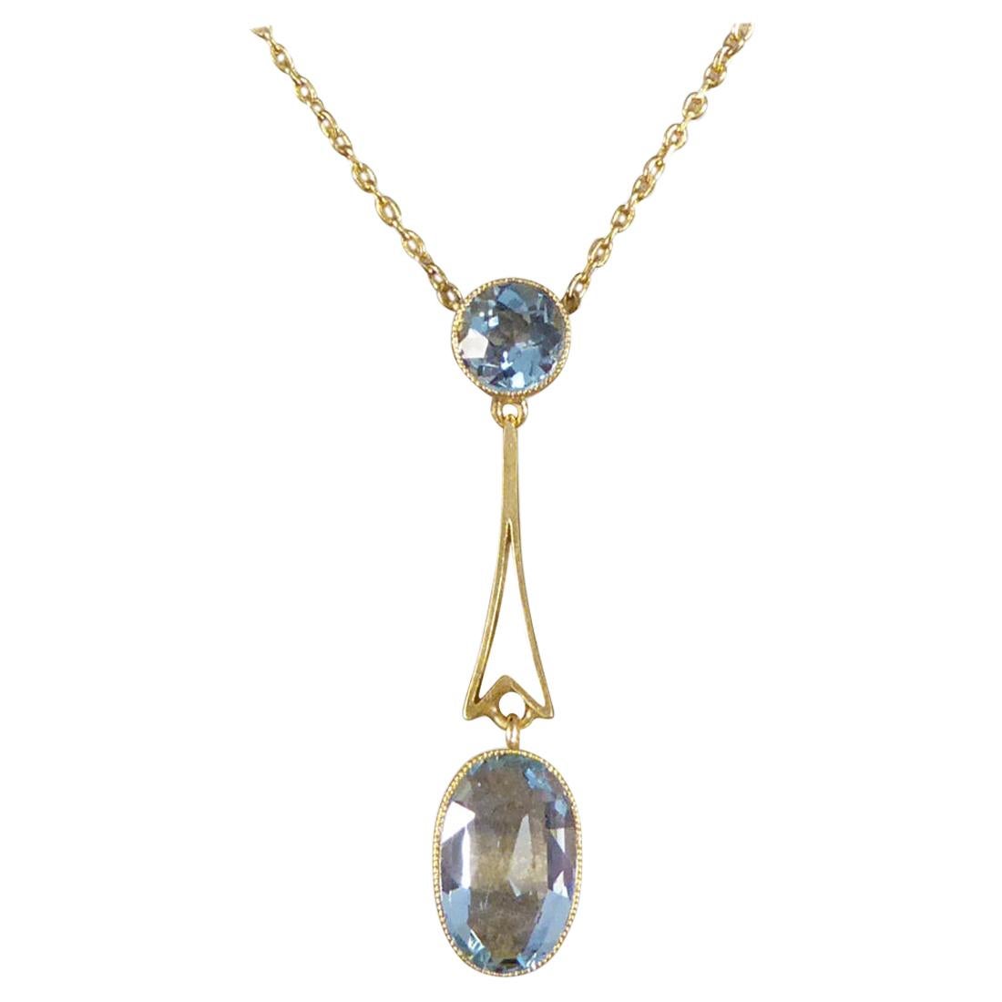 Edwardian Aquamarine Drop Pendant on 15ct Gold Chain