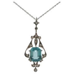 Edwardian Aquamarine Old Mine Cut Diamond Pendant Necklace 14KYG/Platinum