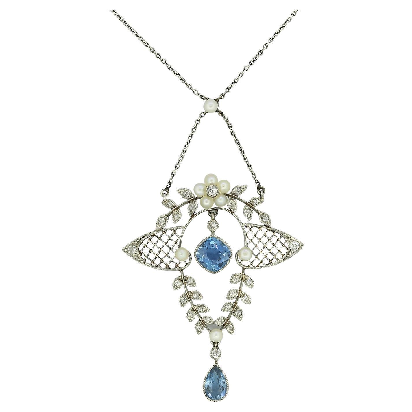 Collier pendentif édouardien en aigue-marine, perles et diamants