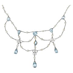 Edwardian Aquamarine Pearl Platinum 18 Karat Gold Antique Swag Drop Necklace