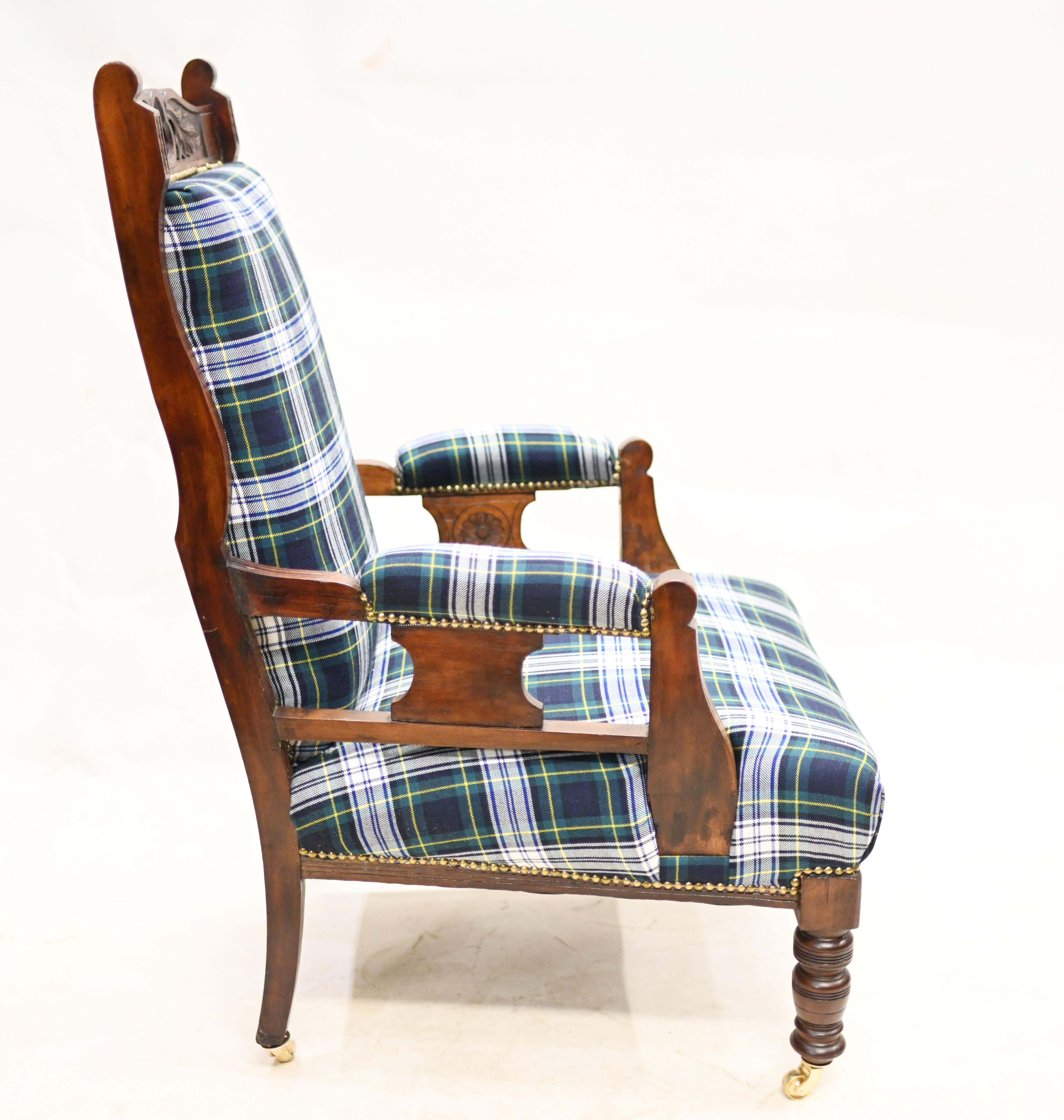 Mahogany Edwardian Arm Chair Lounge Seat Tartan Print For Sale