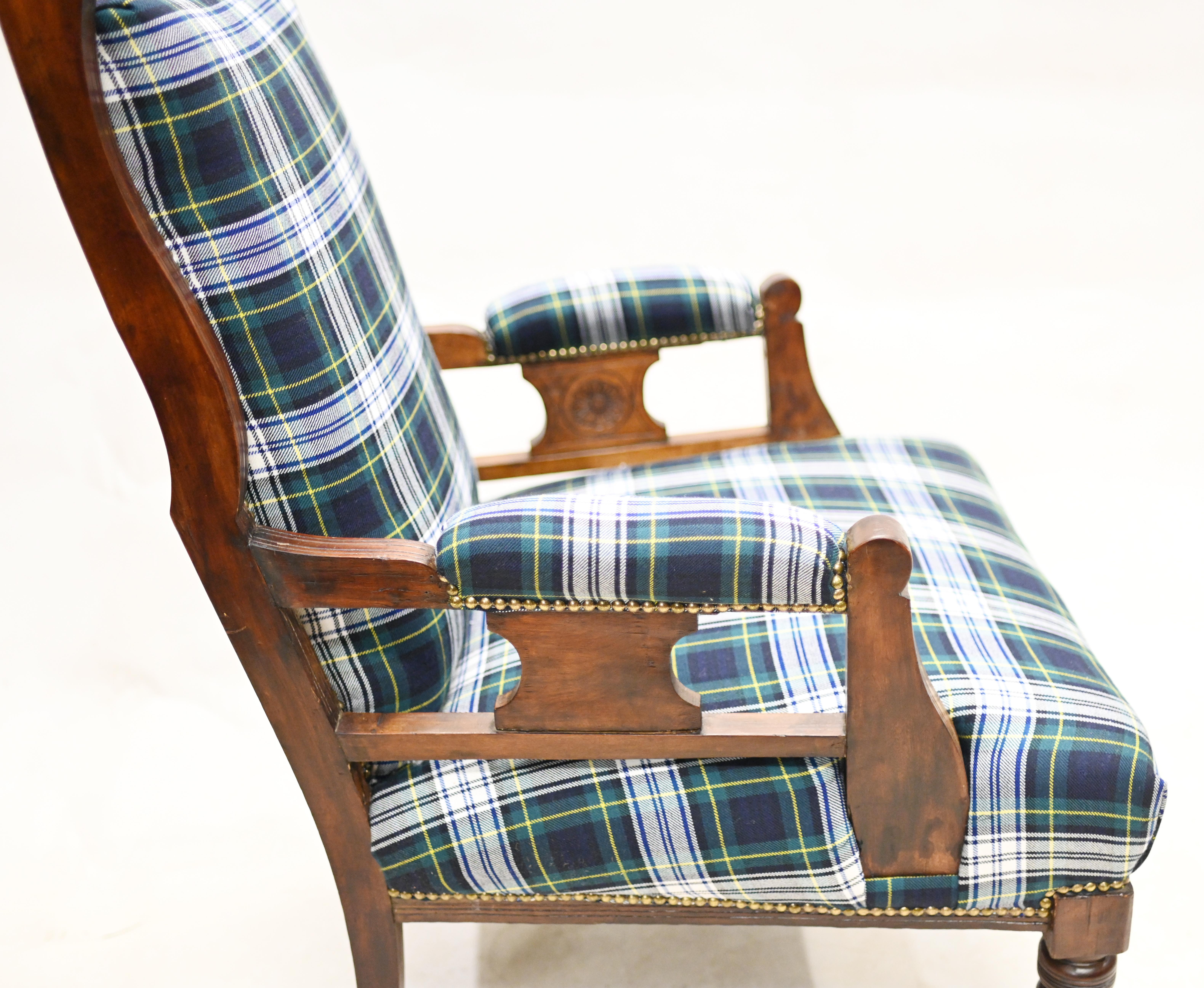 Edwardian Arm Chair Lounge Seat Tartan Print For Sale 1