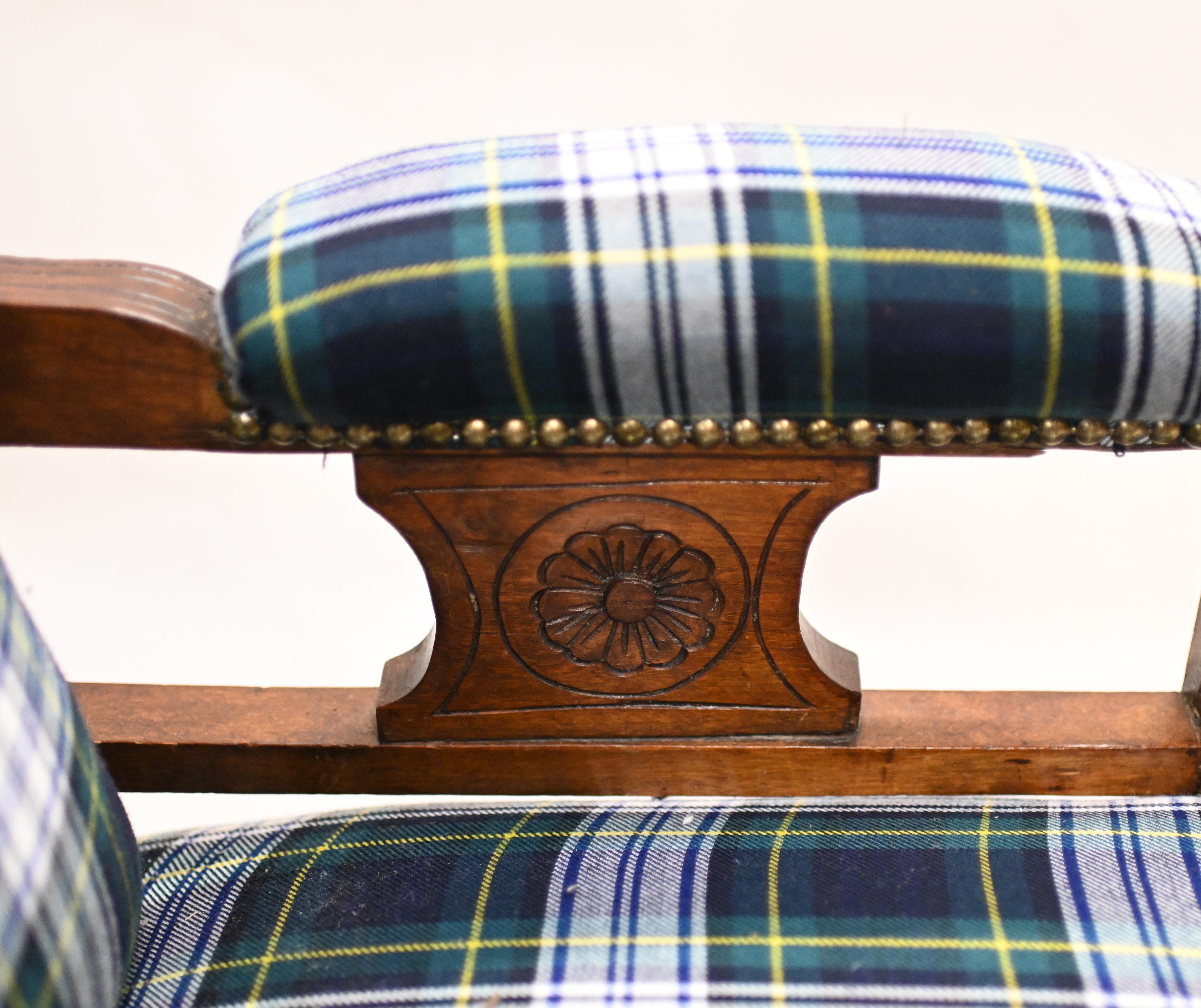 Edwardian Arm Chair Lounge Seat Tartan Print For Sale 2