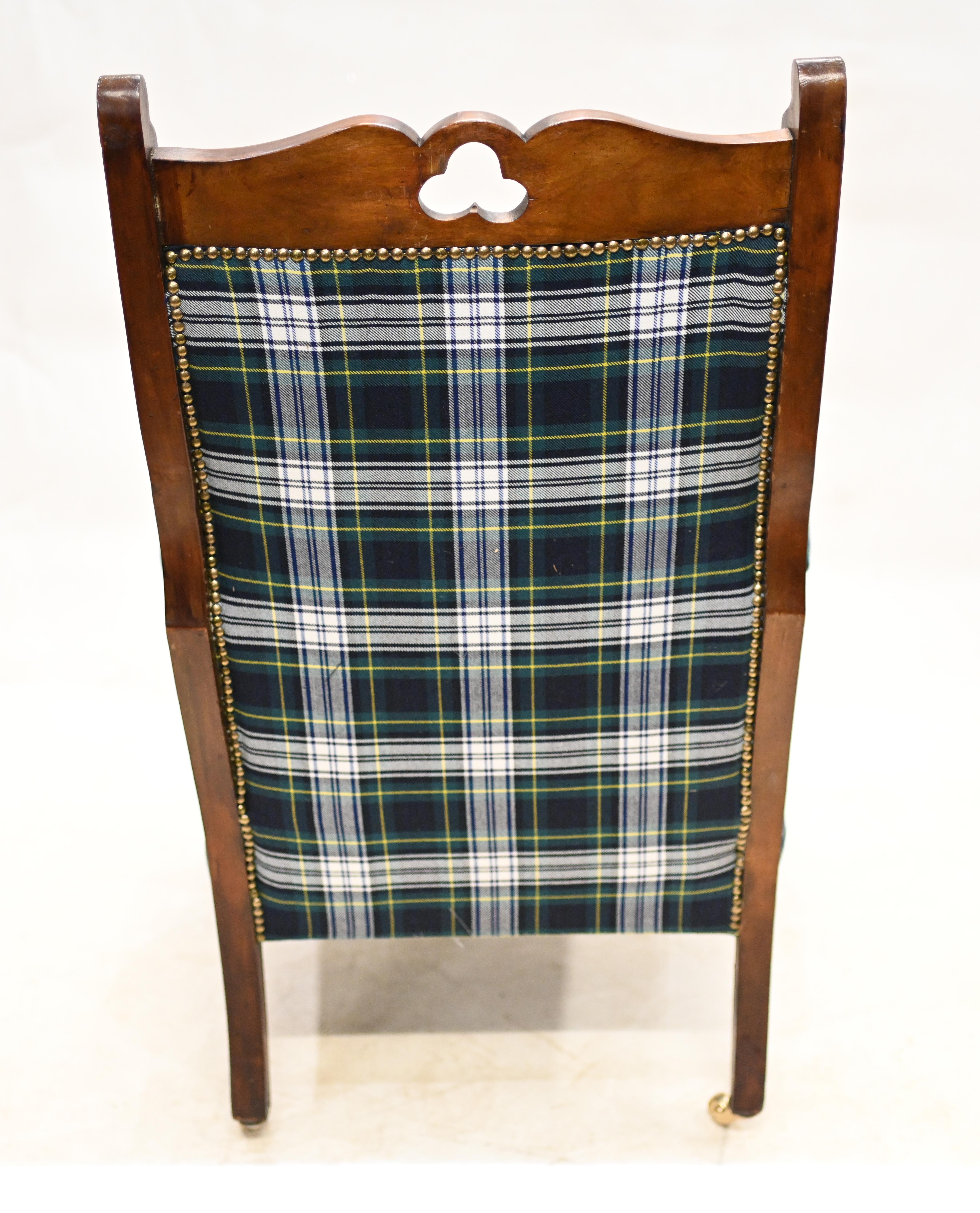 Edwardian Arm Chair Lounge Seat Tartan Print For Sale 3