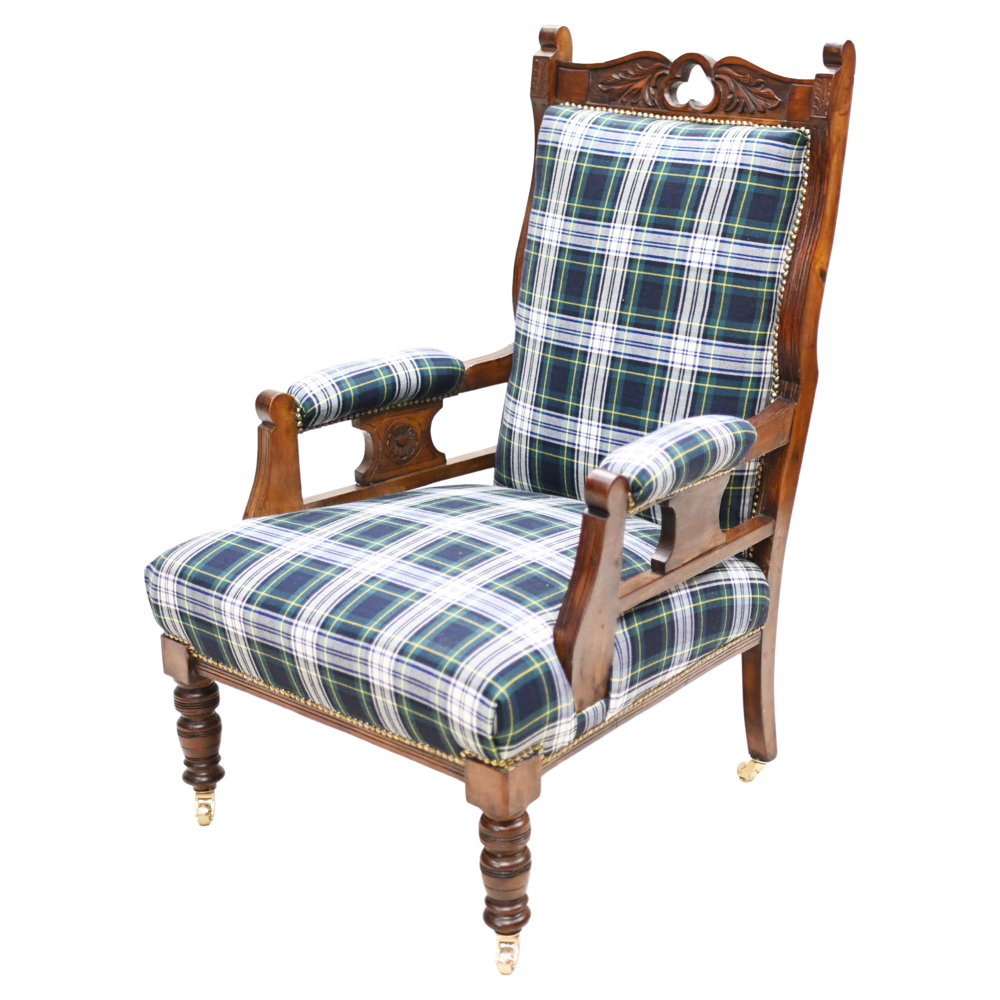 Edwardian Arm Chair Lounge Seat Tartan Print For Sale