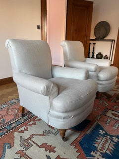 Edwardian armchairs, a pair, reupholstered and bought from Hilary Batstone.
