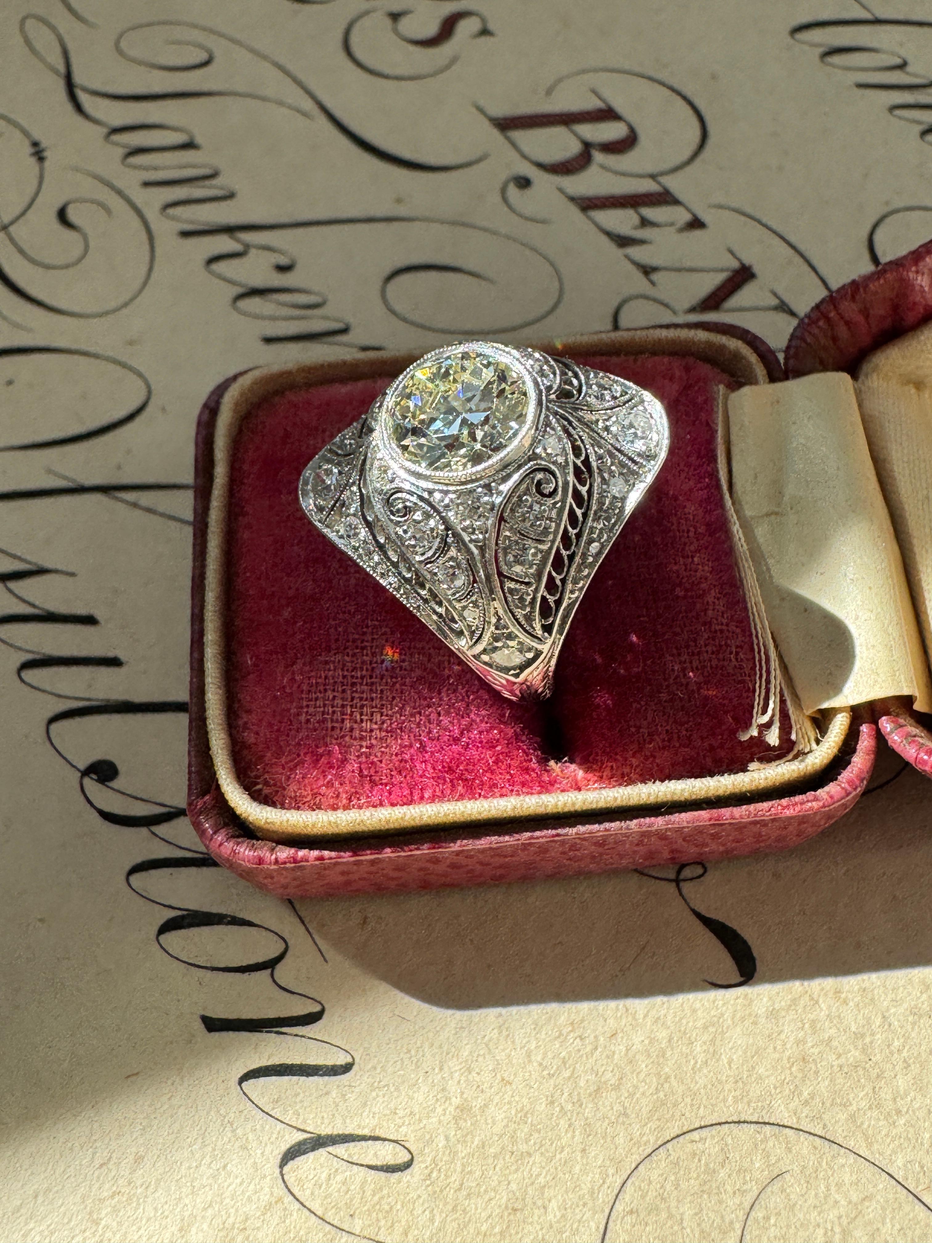 Old European Cut Edwardian Art Deco 1.38 Carat Diamond Engagement Ring For Sale
