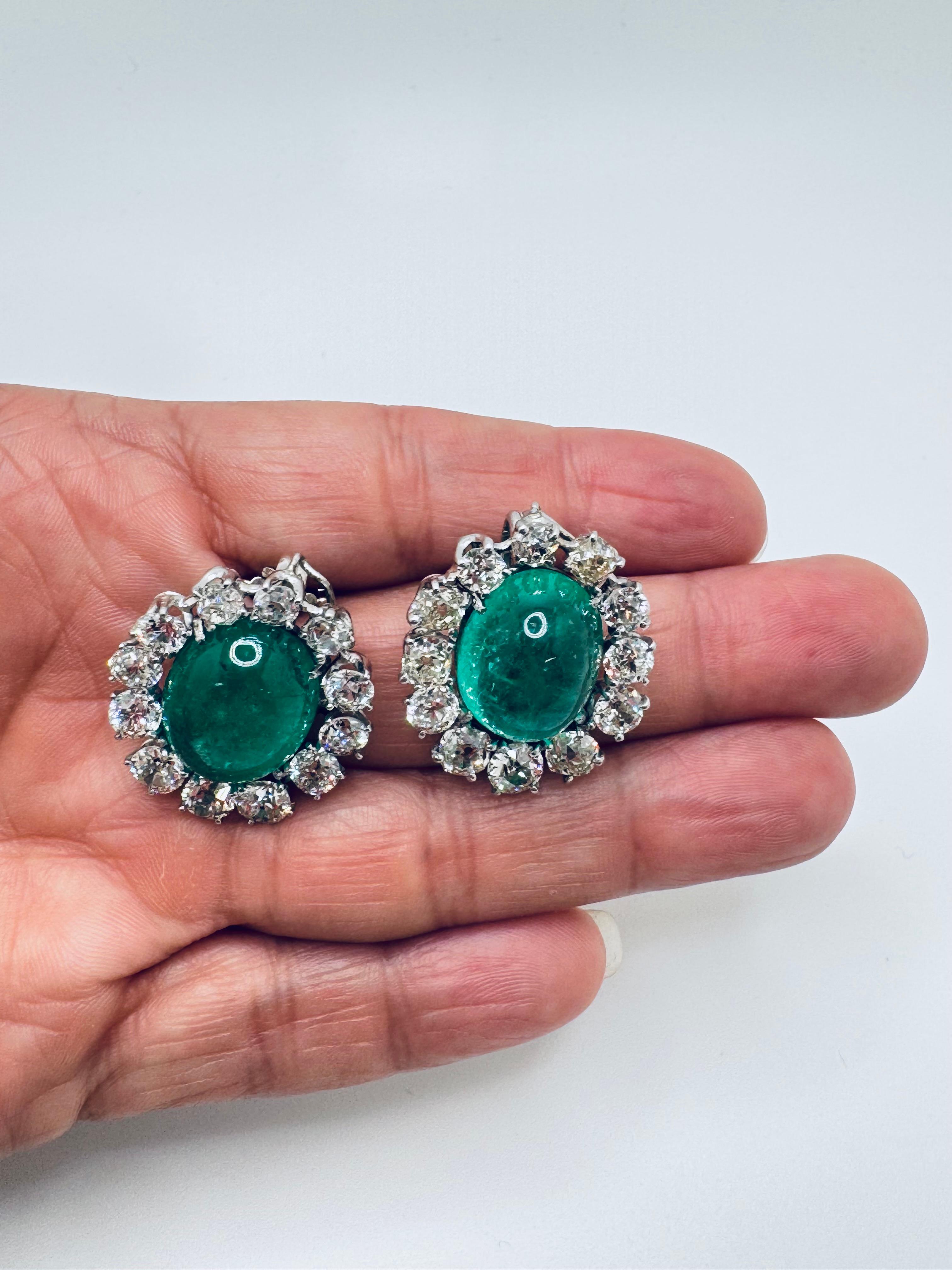Edwardian Art Deco Clip-on Ohrringe Smaragd Cabochon & Diamanten im Angebot 7