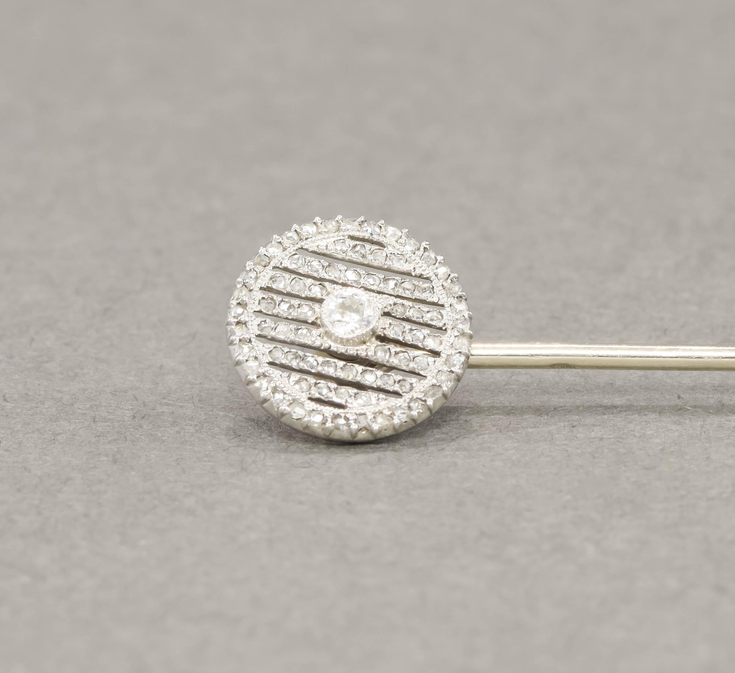 Edwardian - Art Deco Diamond Stick Pin with Old European & Rose Cut Diamonds For Sale 8