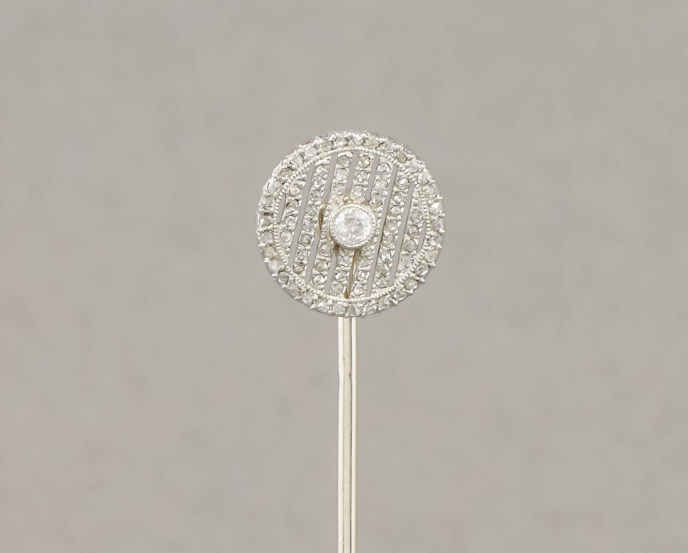Women's or Men's Edwardian - Art Deco Diamond Stick Pin with Old European & Rose Cut Diamonds For Sale