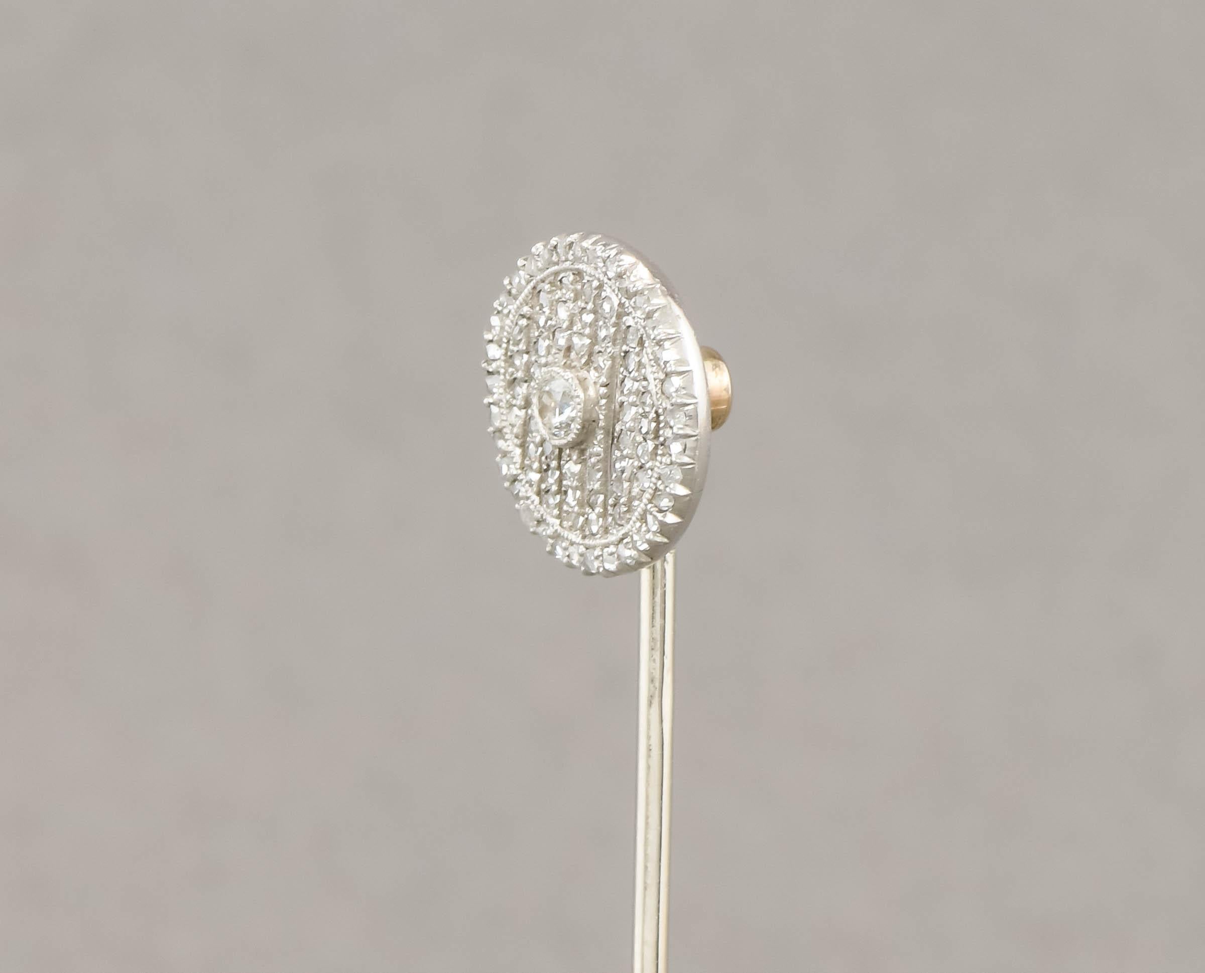 Edwardian - Art Deco Diamond Stick Pin with Old European & Rose Cut Diamonds For Sale 1