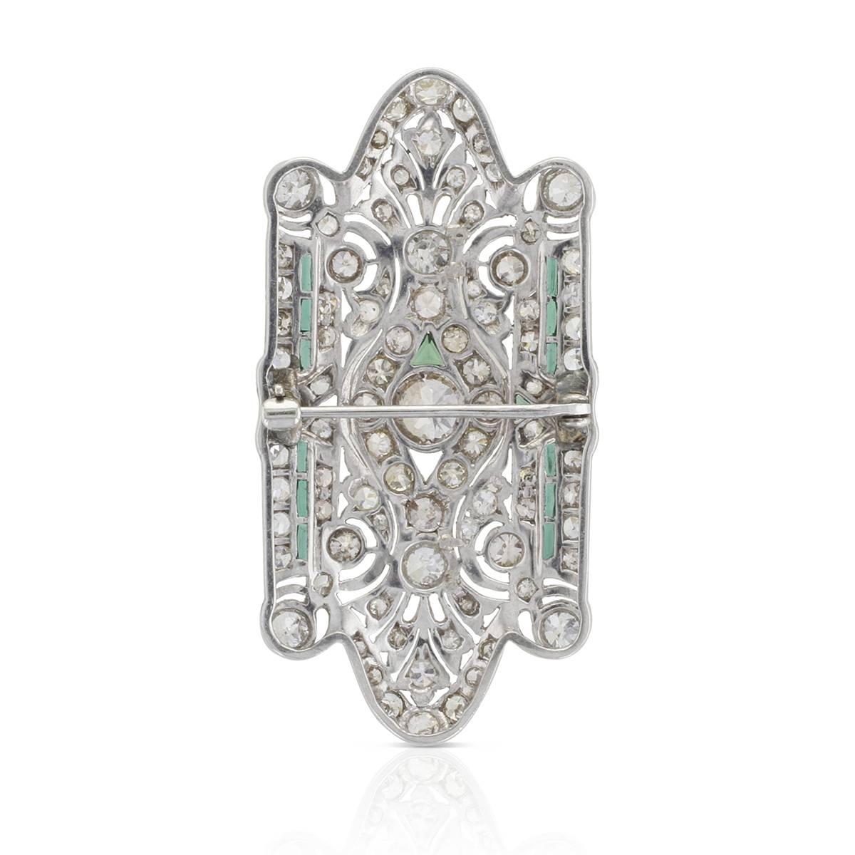 Edwardian Art Deco Platinum Green Emerald and Diamond Brooch 1