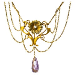 Edwardian Art Nouveau 14K Amethyst and Natural Pearl Necklace, Circa 1900