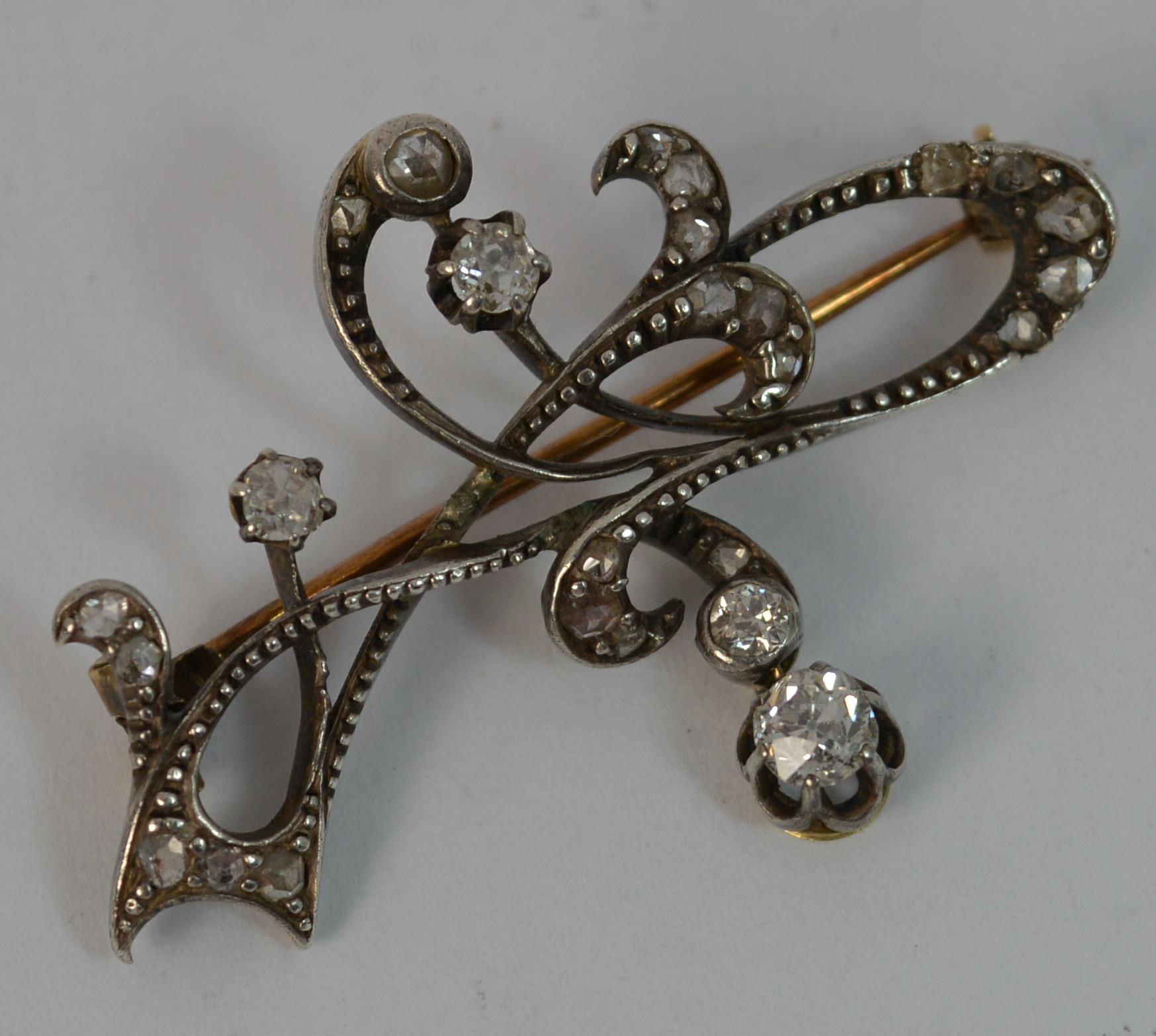 Old European Cut Edwardian Art Nouveau 15 Carat Gold and Old Cut Diamond Brooch