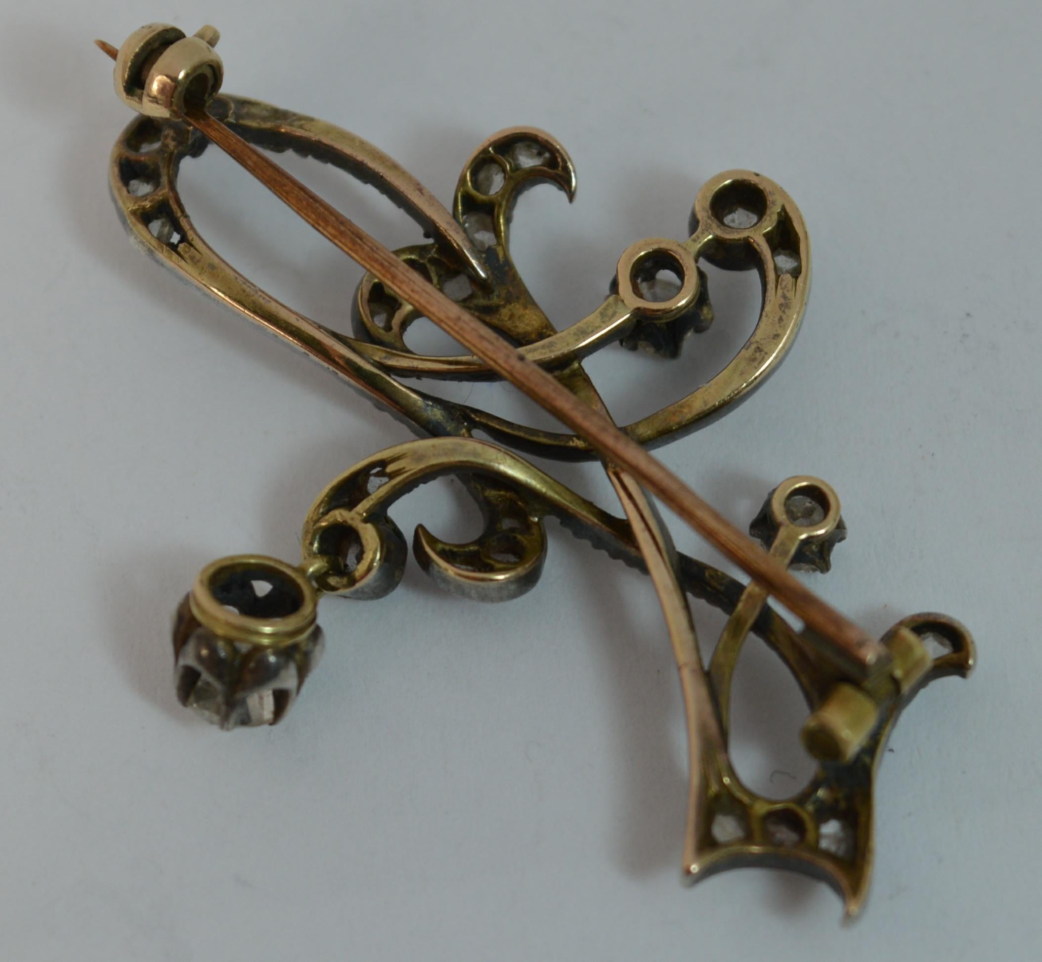 Edwardian Art Nouveau 15 Carat Gold and Old Cut Diamond Brooch 1